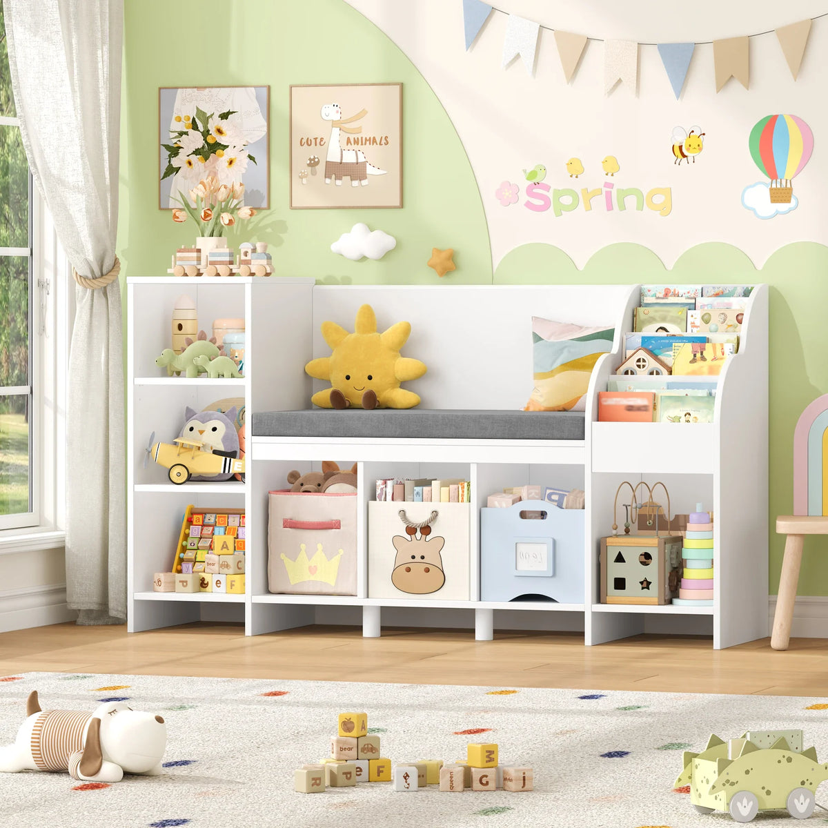 Kids Bookcase Toy Storage with Reading Bench Montessori & Toys