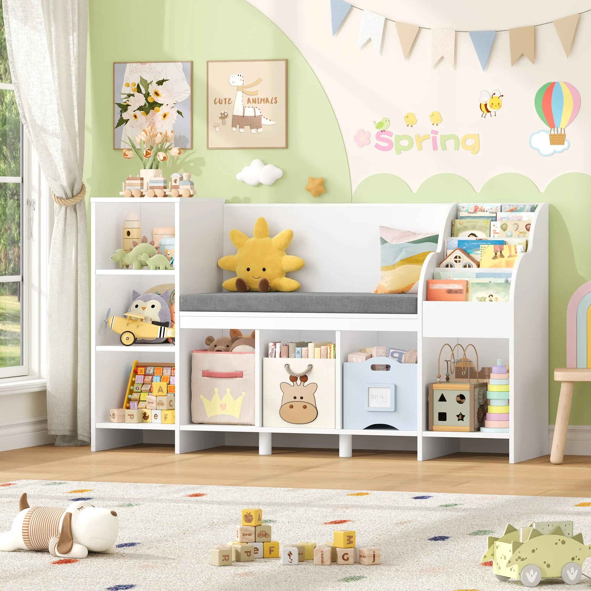 Kids Bookcase Toy Storage with Reading Bench Montessori & Toys