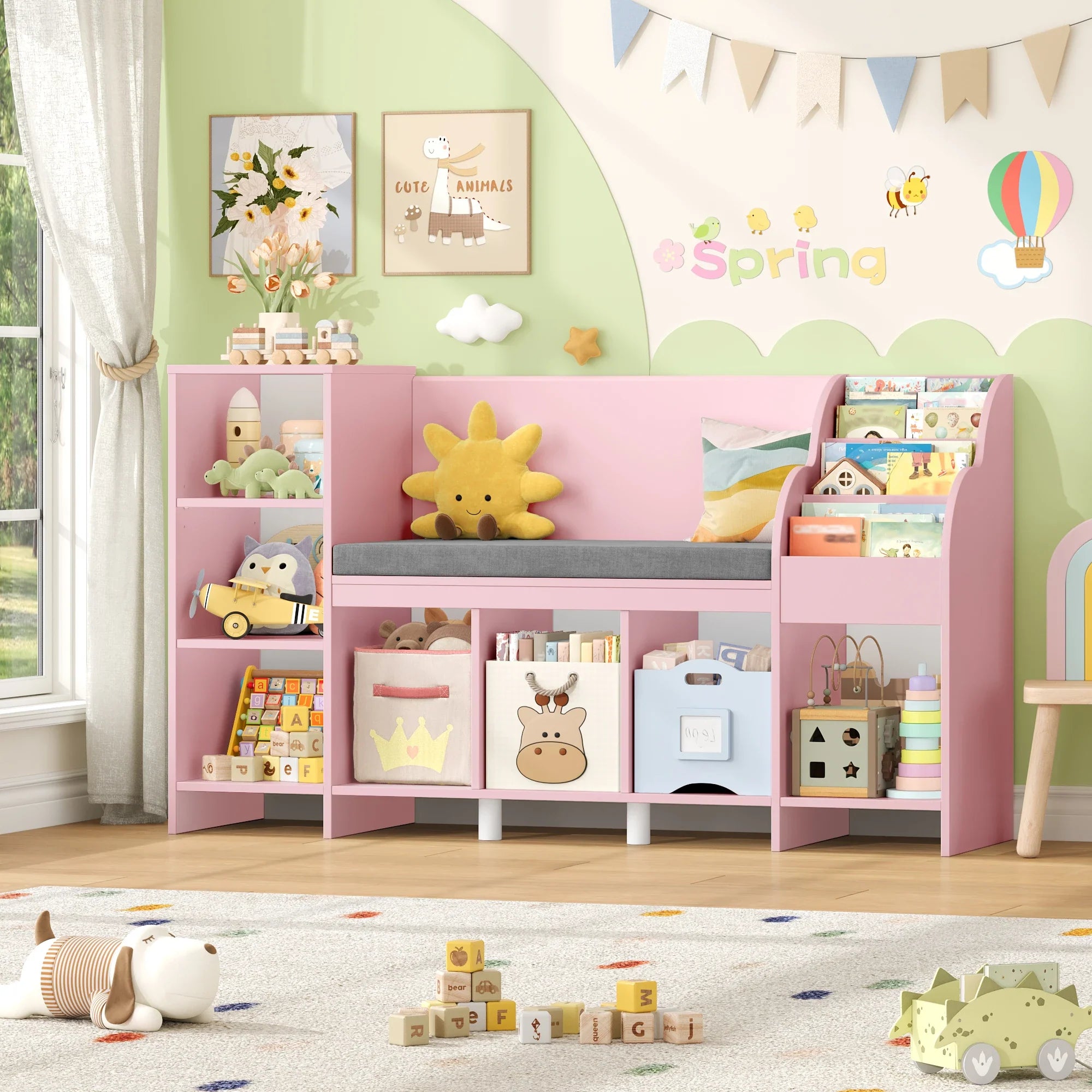 Kids Bookcase Toy Storage with Reading Bench Montessori & Toys