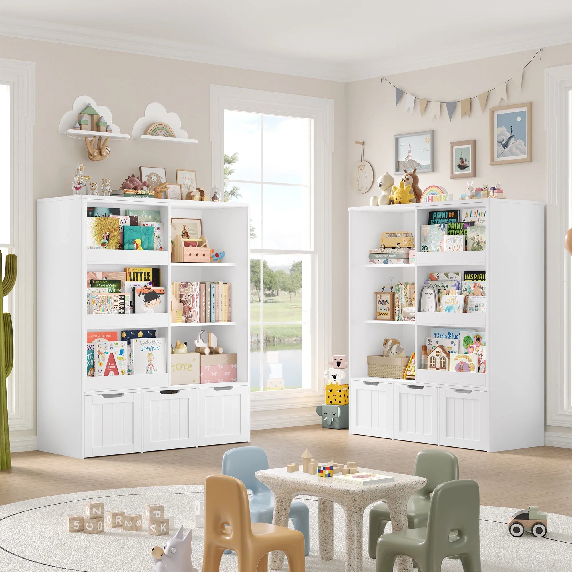 Kids Bookshelf Sliding Door 10 Shelves Montessori & Toys