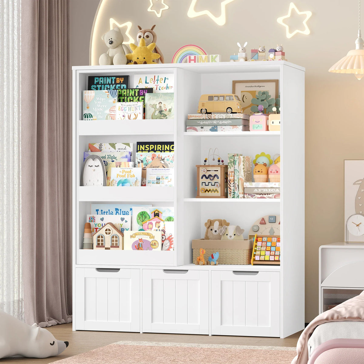 Kids Bookshelf Sliding Door 10 Shelves Montessori & Toys