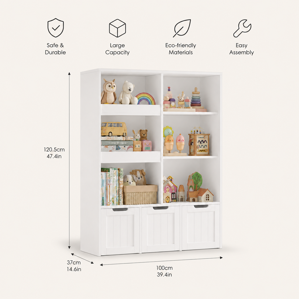 Kids Bookshelf Sliding Door 10 Shelves Montessori & Toys