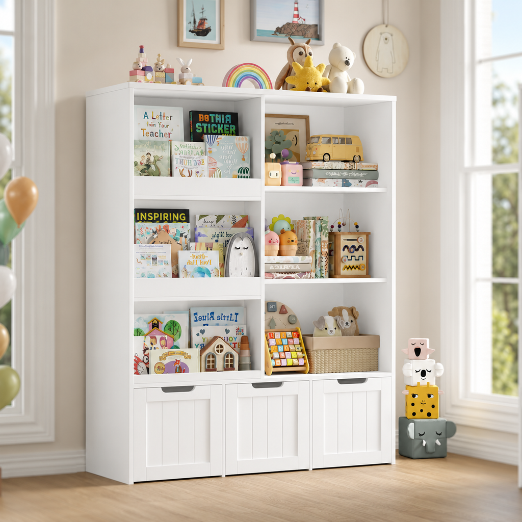 Kids Bookshelf Sliding Door 10 Shelves Montessori & Toys