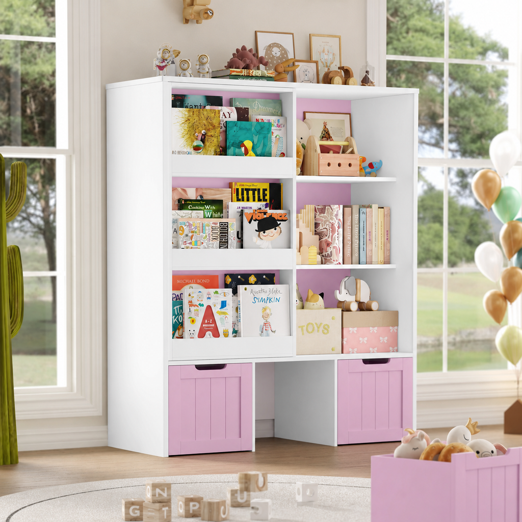 Kids Bookshelf Sliding Door 10 Shelves Montessori & Toys
