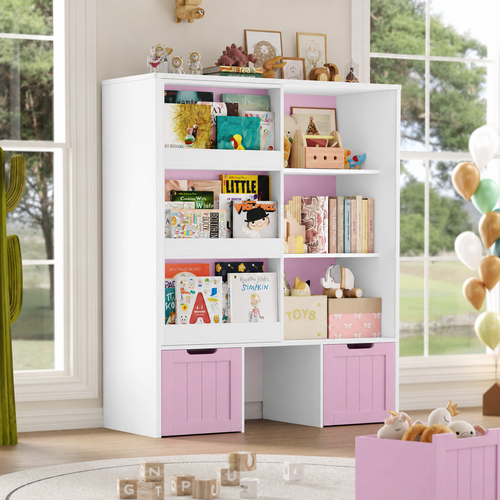 Kids Bookshelf Sliding Door 10 Shelves Montessori & Toys