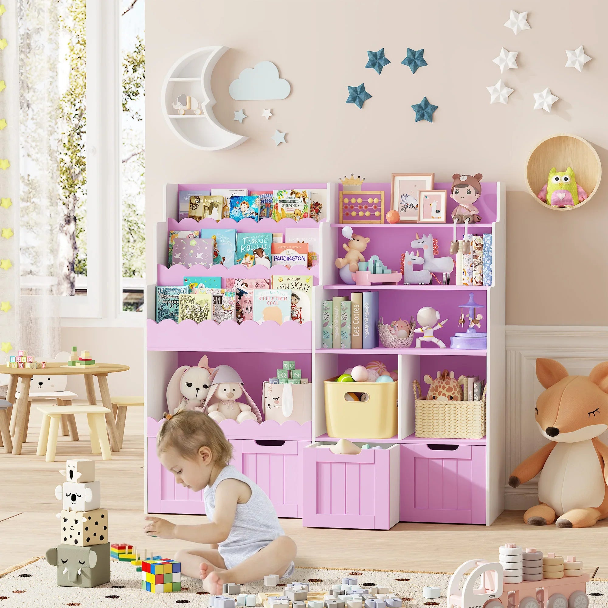 Kids Bookshelf Toy Storage 4 Drawers 6 Cubbies Montessori & Toys