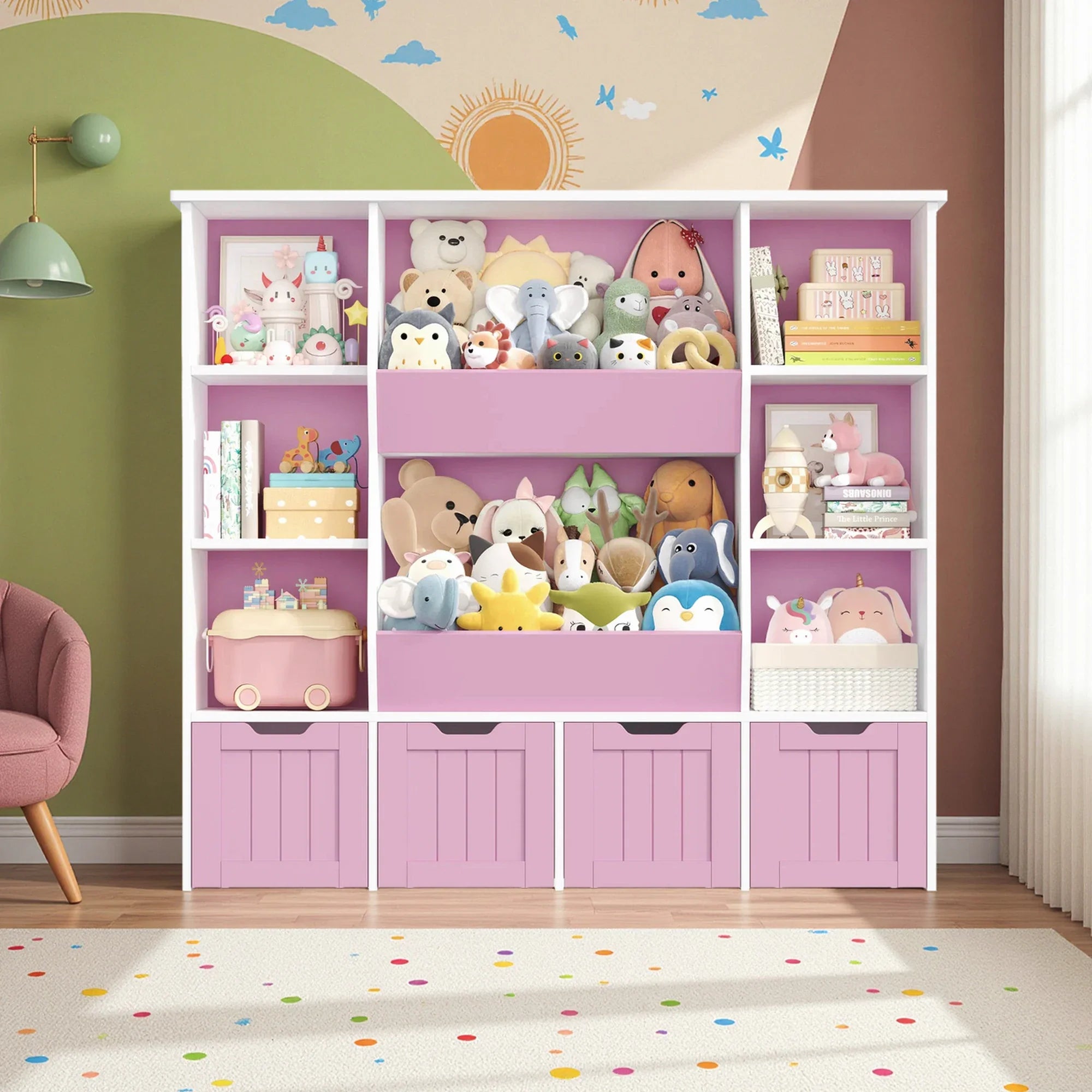 Kids Bookshelf Toy Storage 9 Shelves 4 Boxes Montessori & Toys