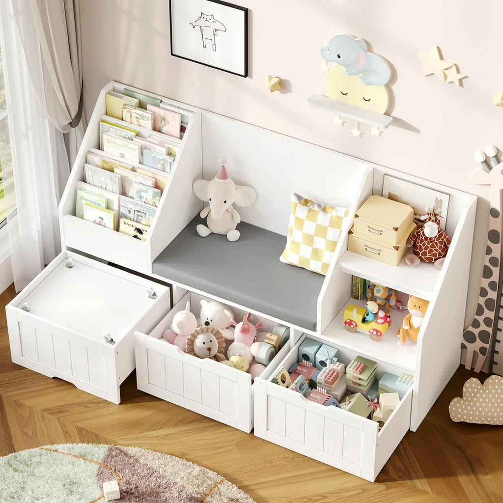 Kids Bookshelf Toy Storage Bench 3 Boxes Montessori & Toys