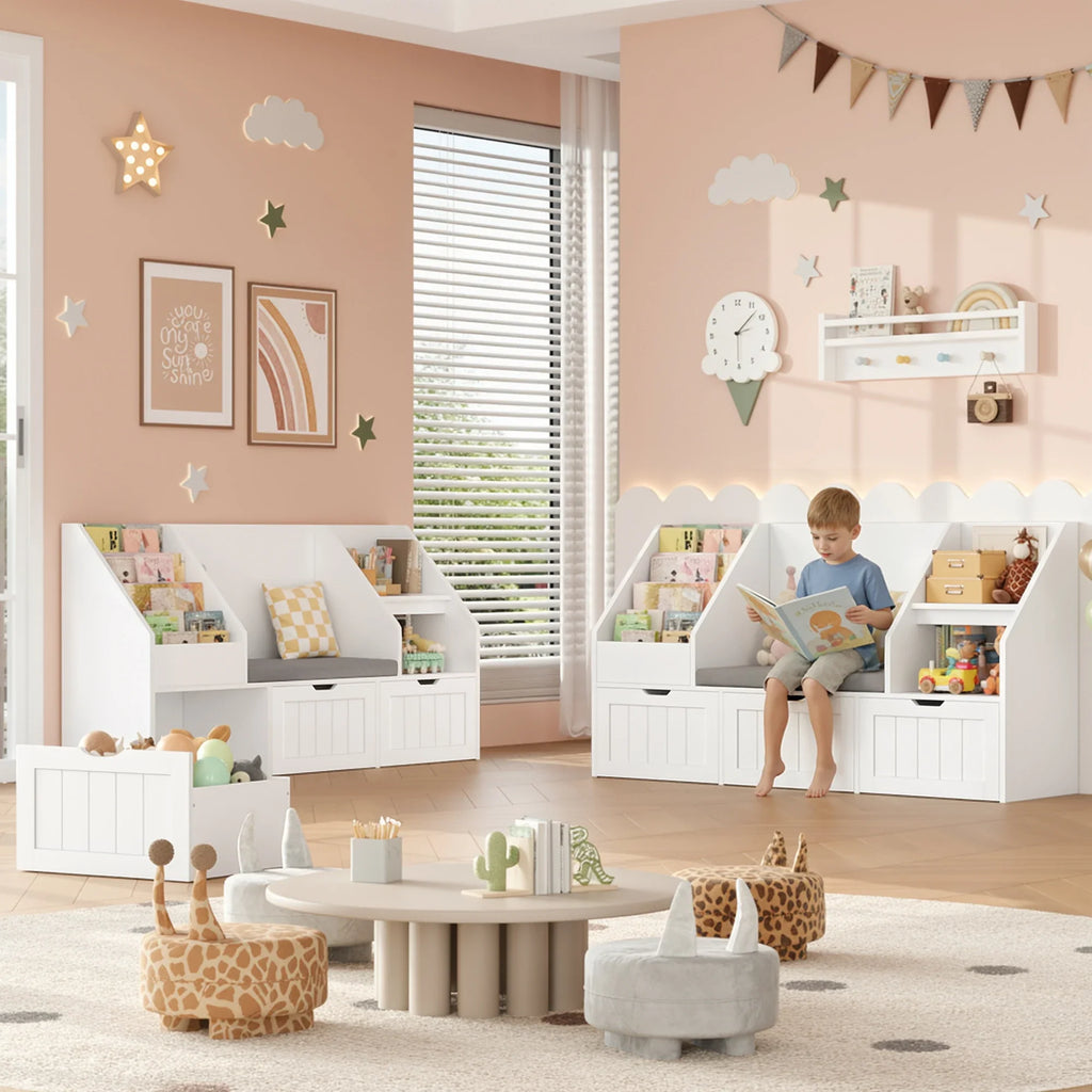Kids Bookshelf Toy Storage Bench 3 Boxes Montessori & Toys