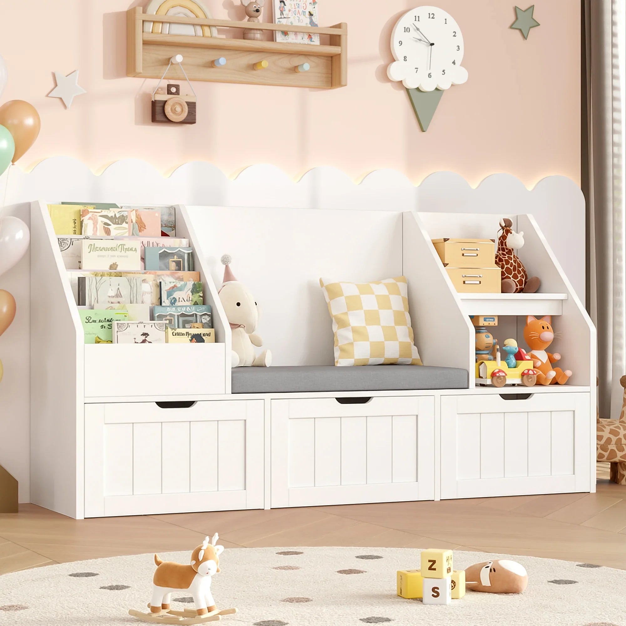 Kids Bookshelf Toy Storage Bench 3 Boxes Montessori & Toys