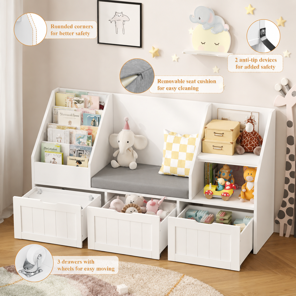 Kids Bookshelf Toy Storage Bench 3 Boxes Montessori & Toys