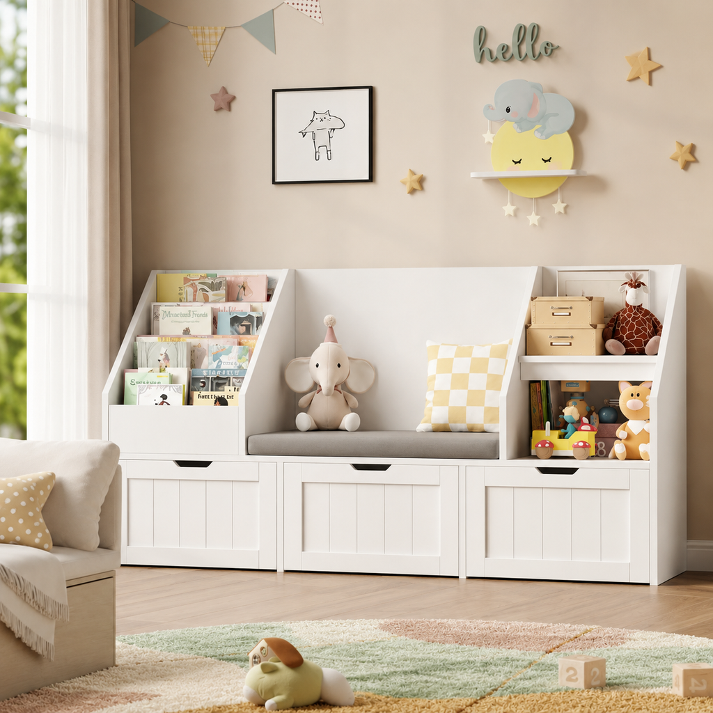 Kids Bookshelf Toy Storage Bench 3 Boxes Montessori & Toys