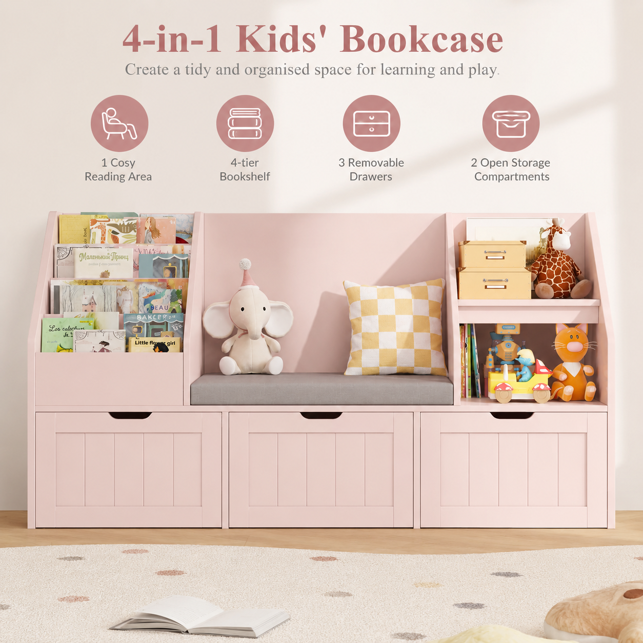 Kids Bookshelf Toy Storage Bench 3 Boxes Montessori & Toys