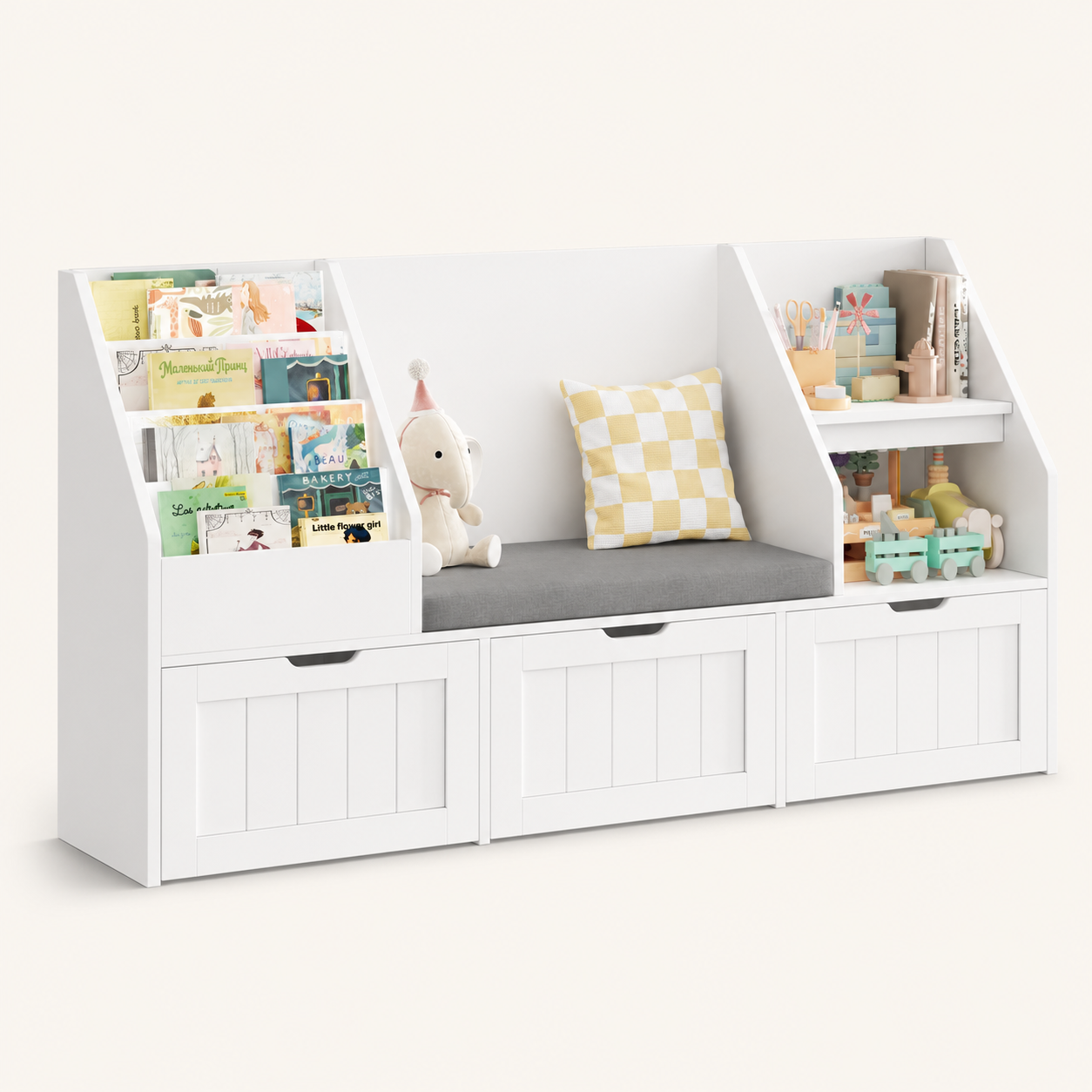 Kids Bookshelf Toy Storage Bench 3 Boxes Montessori & Toys