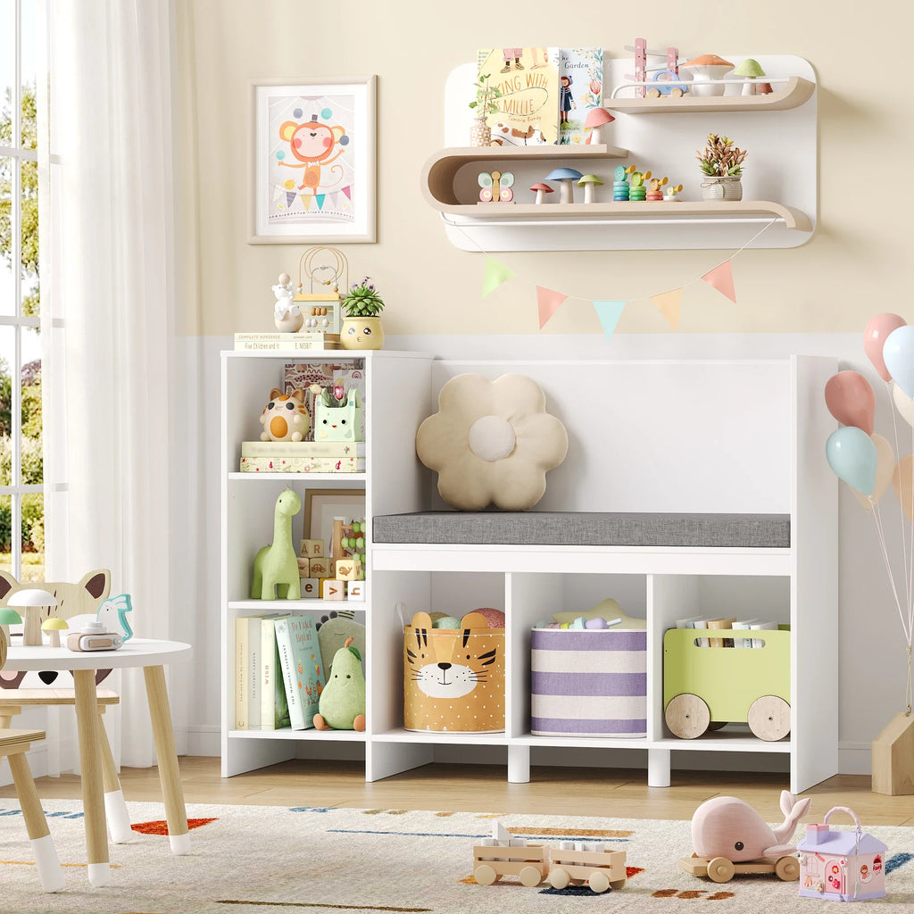 Kids Bookshelf Toy Storage Bench 6 Shelves Montessori & Toys