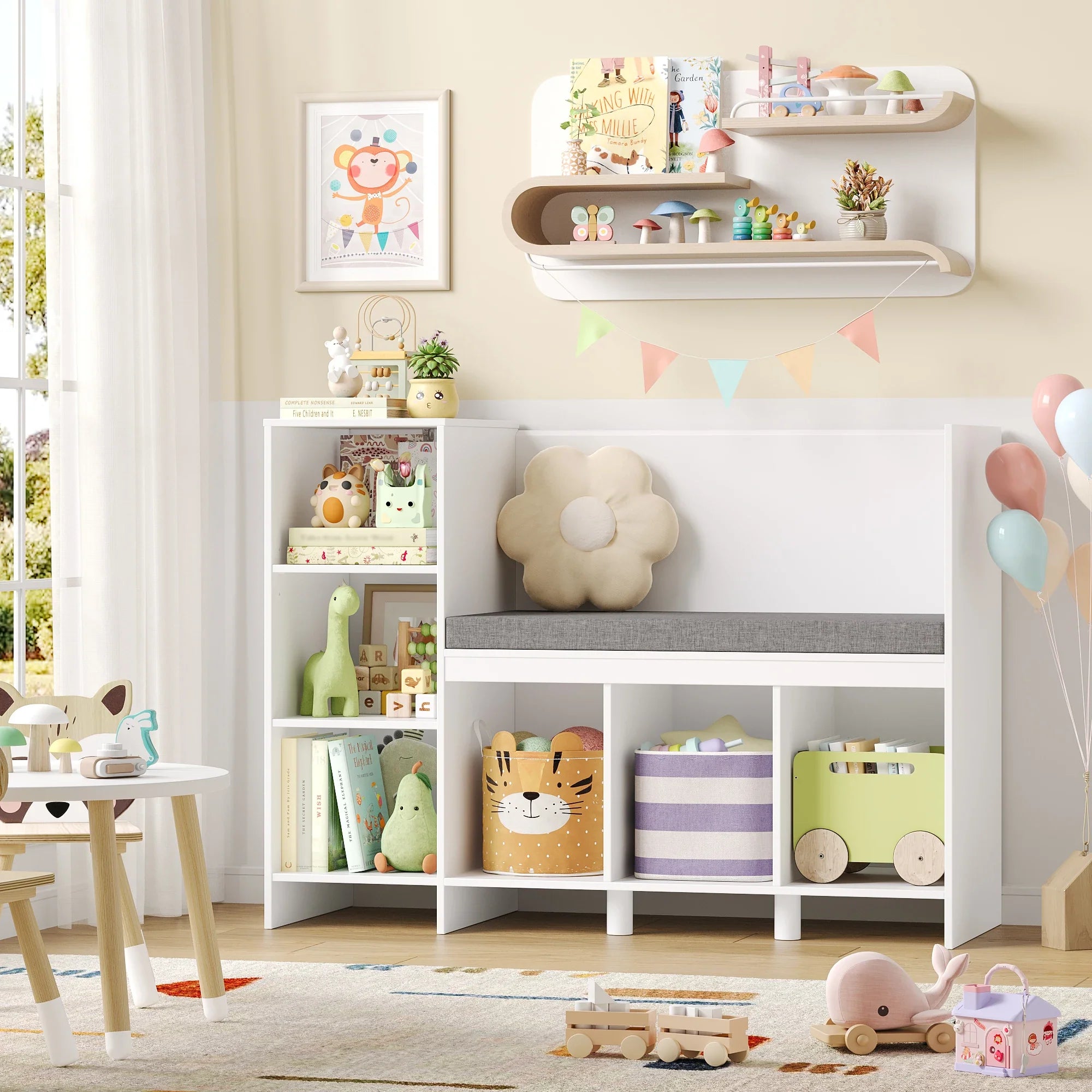 Kids Bookshelf Toy Storage Bench 6 Shelves Montessori & Toys