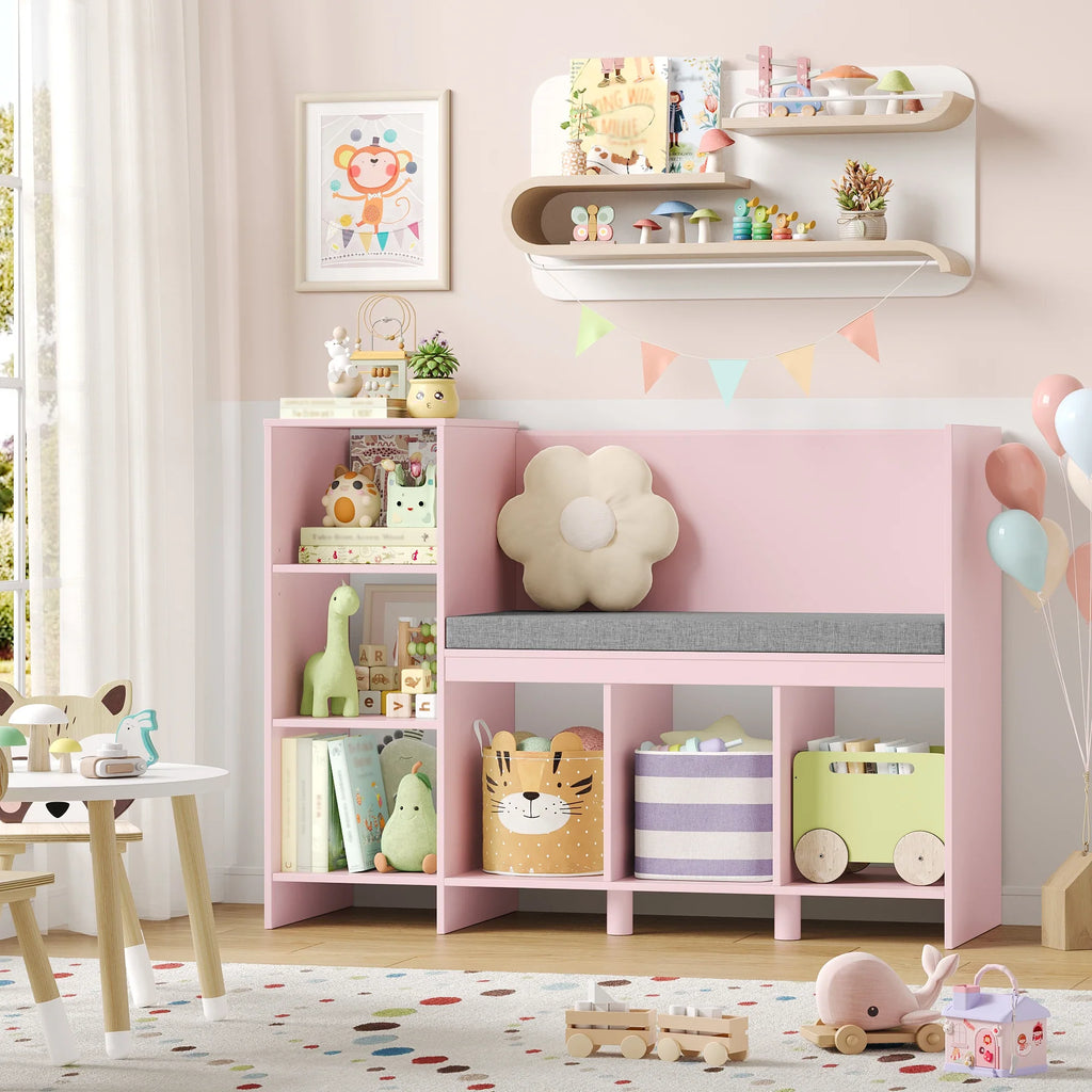 Kids Bookshelf Toy Storage Bench 6 Shelves Montessori & Toys