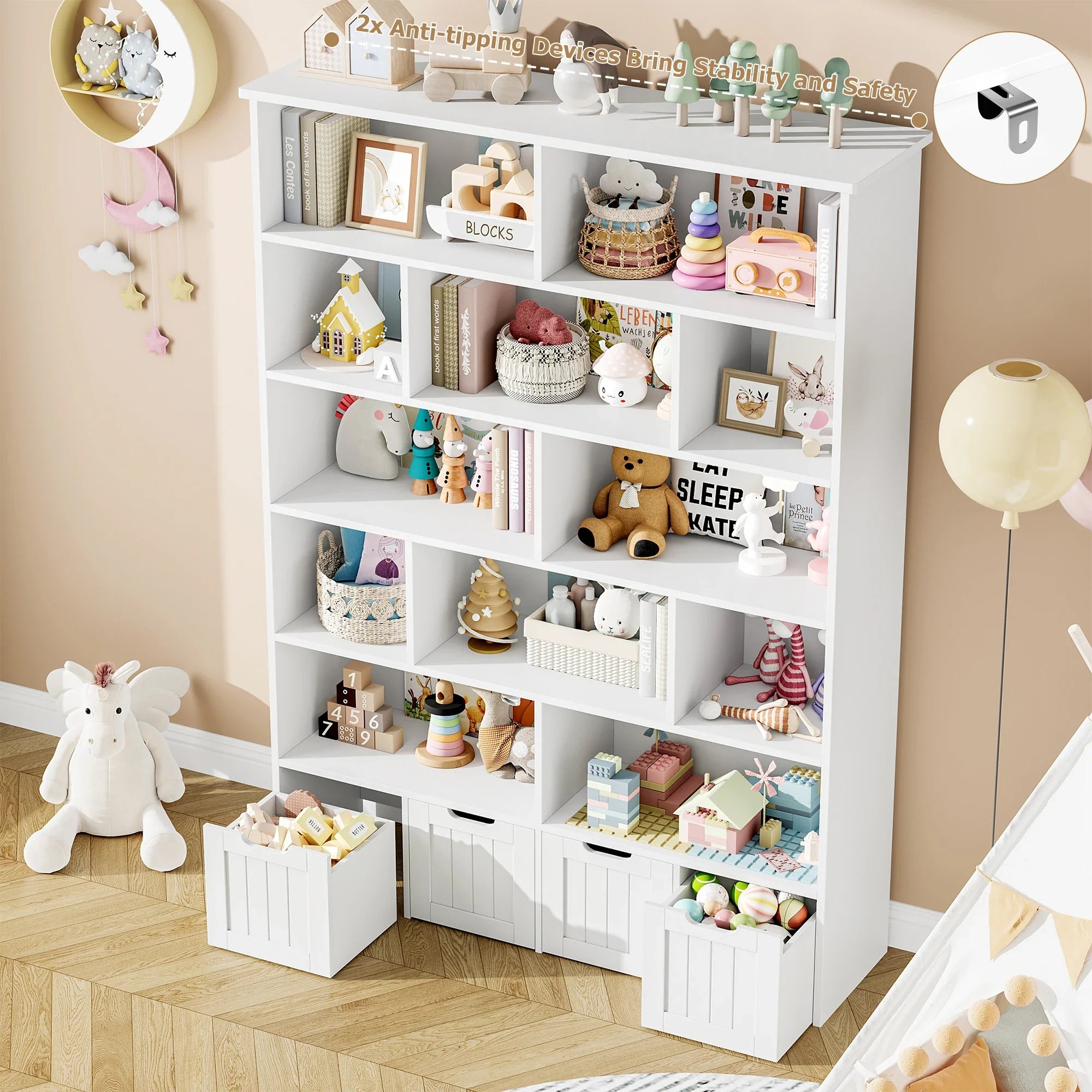 Kids Toy Storage 4 Drawers 13 Shelves Montessori & Toys
