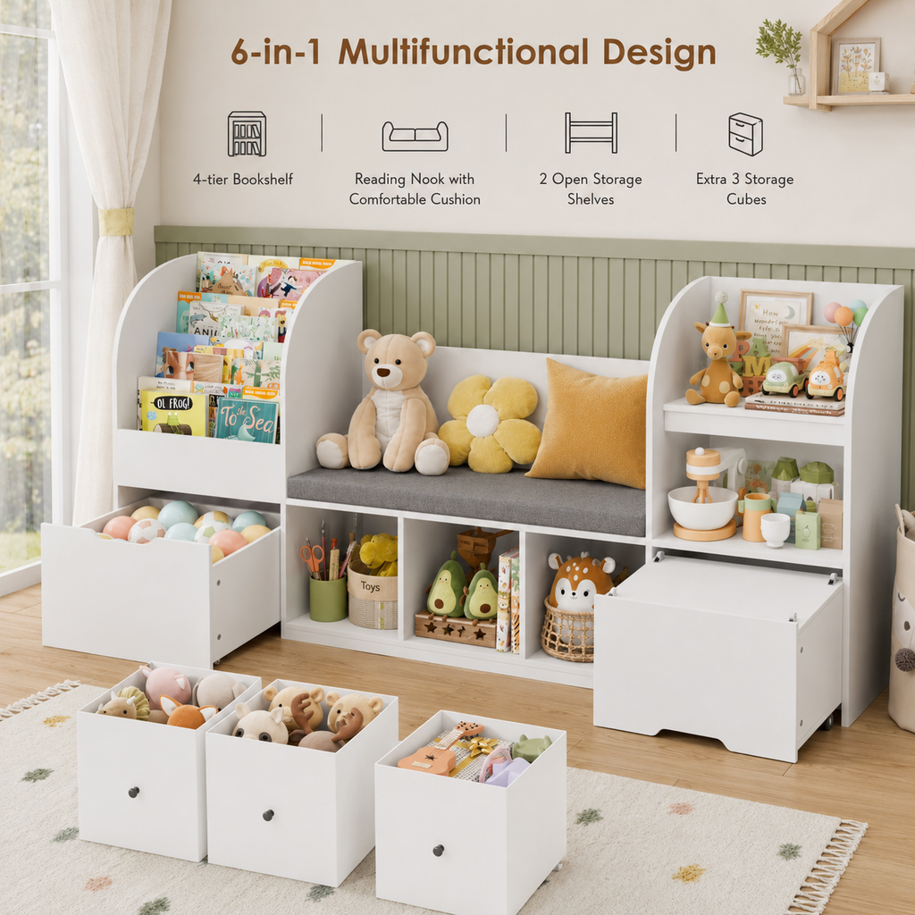 Kids Toy Storage 4 Tier Bench Fabric Drawers Montessori & Toys