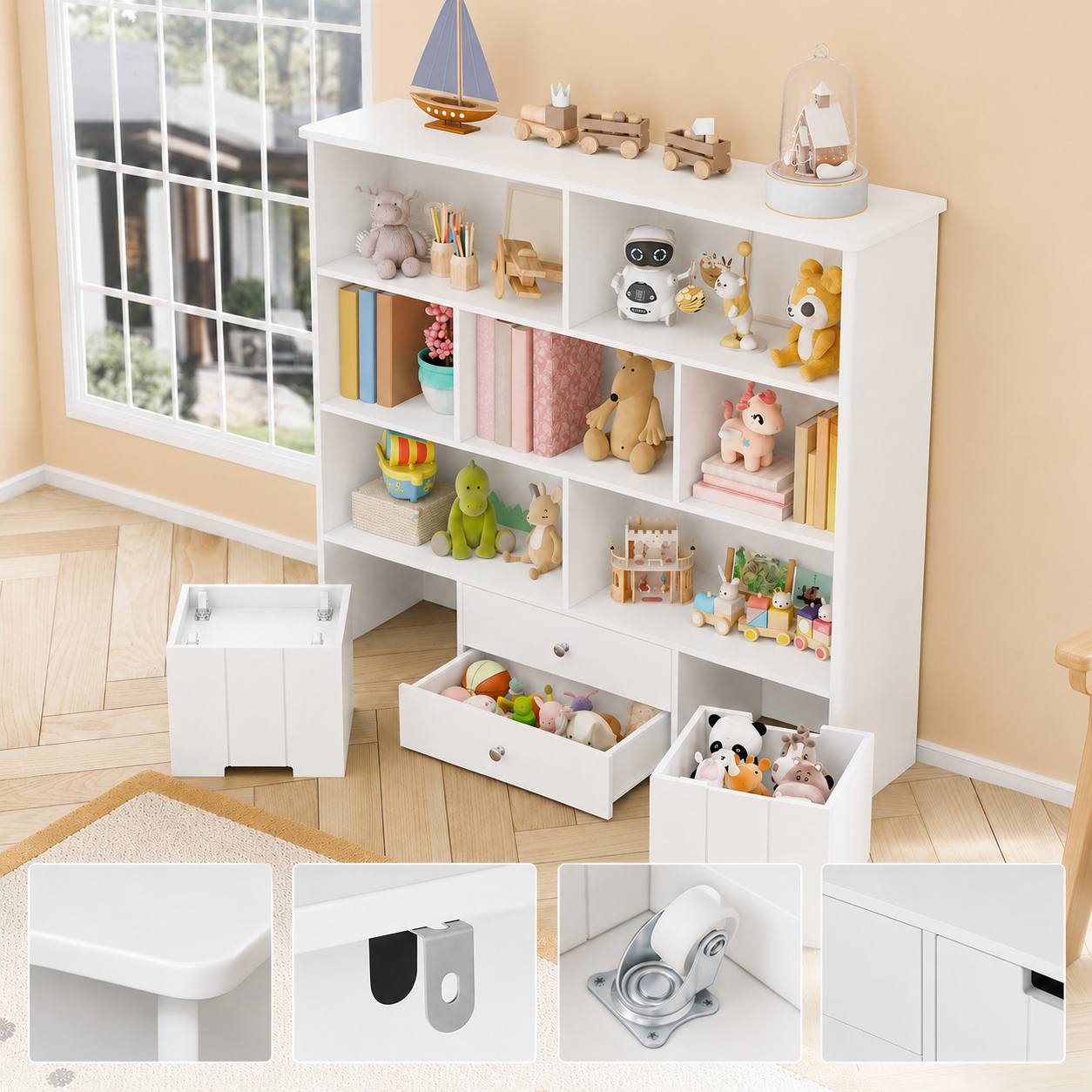 Kids Toy Storage 7 Cubbies 4 Drawers Wheels Montessori & Toys