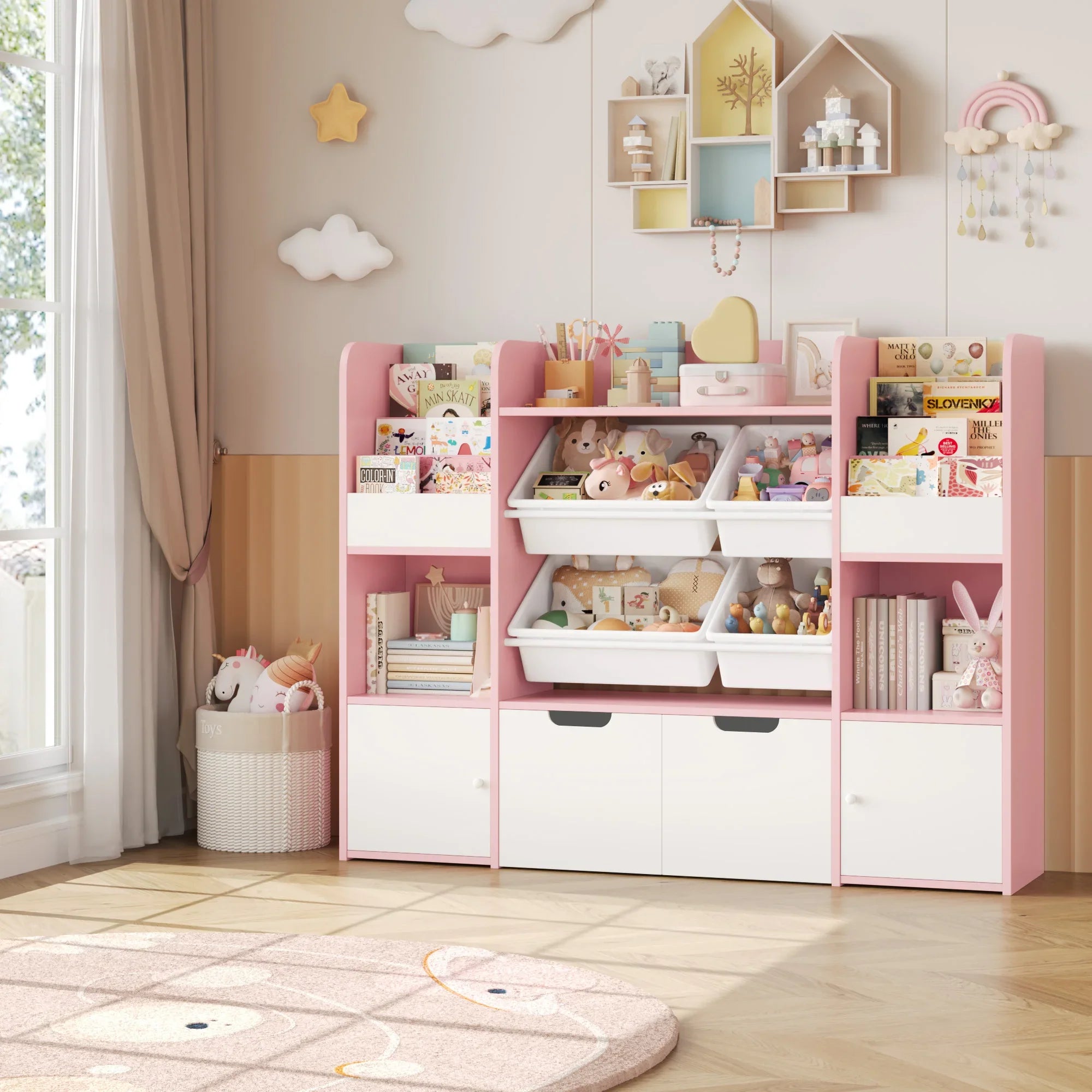 Kids Toy Storage Bookshelf 13 Shelves 4 Boxes Montessori & Toys