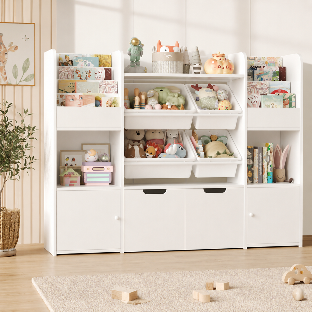 Kids Toy Storage Bookshelf 13 Shelves 4 Boxes Montessori & Toys
