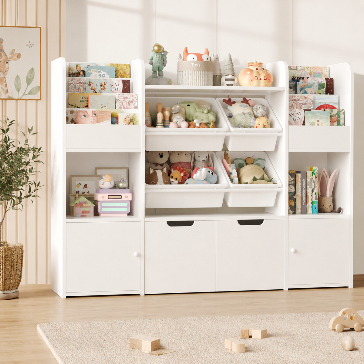 Kids Toy Storage Bookshelf 13 Shelves 4 Boxes Montessori & Toys