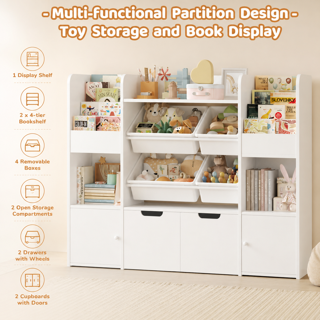 Kids Toy Storage Bookshelf 13 Shelves 4 Boxes Montessori & Toys