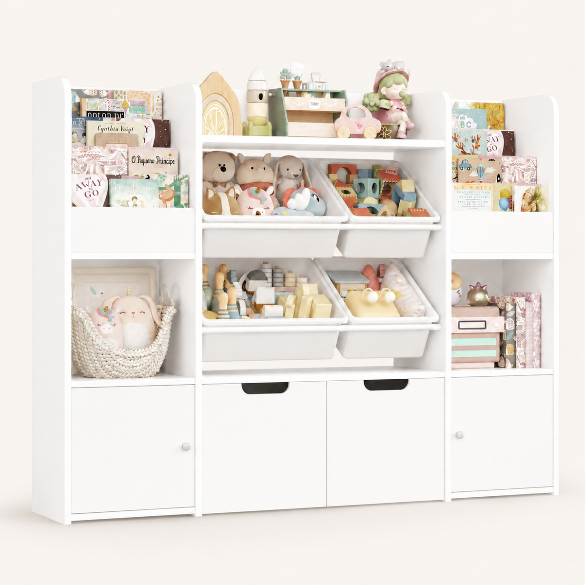 Kids Toy Storage Bookshelf 13 Shelves 4 Boxes Montessori & Toys