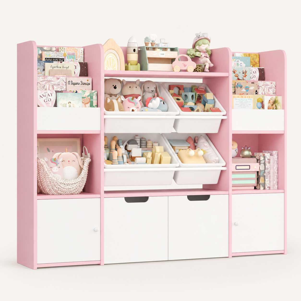 Kids Toy Storage Bookshelf 13 Shelves 4 Boxes Montessori & Toys