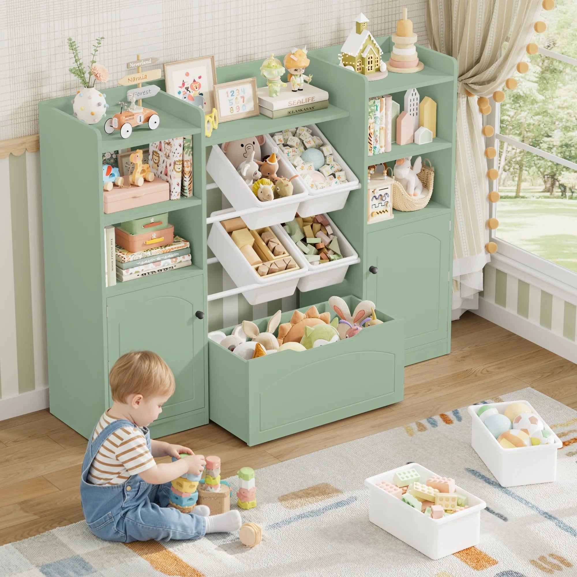 Kids Toy Storage Bookshelf 15 Shelves 6 Boxes Montessori & Toys