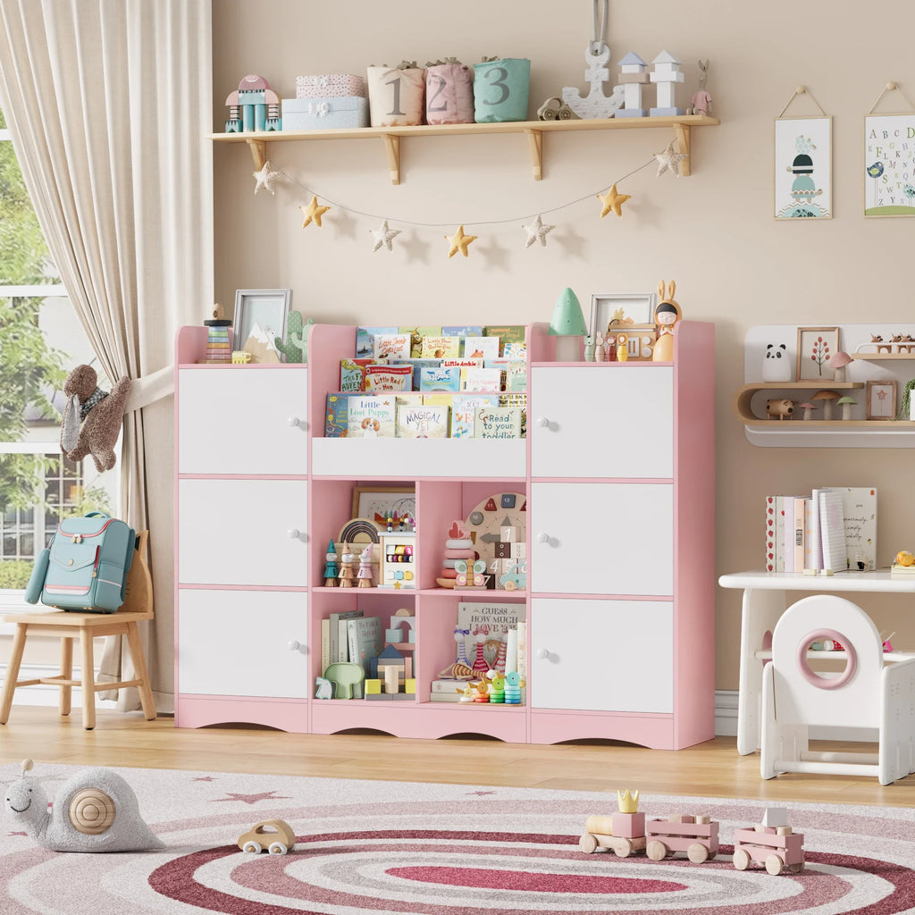 Kids Toy Storage Bookshelf 6 Doors 6 Cubbies Montessori & Toys