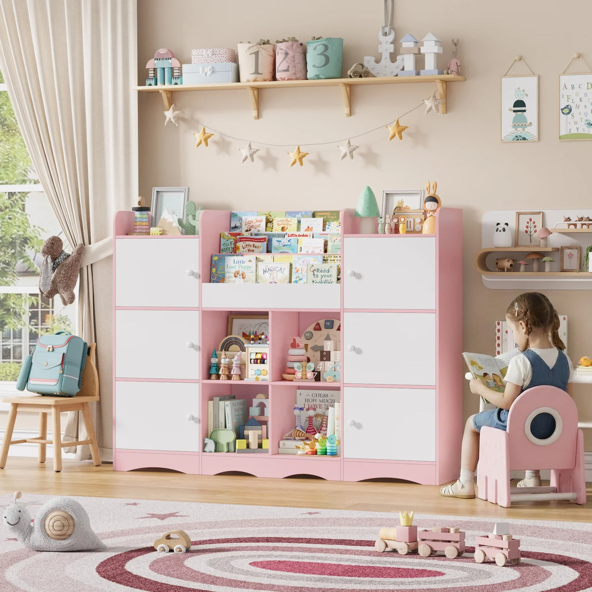 Kids Toy Storage Bookshelf 6 Doors 6 Cubbies Montessori & Toys