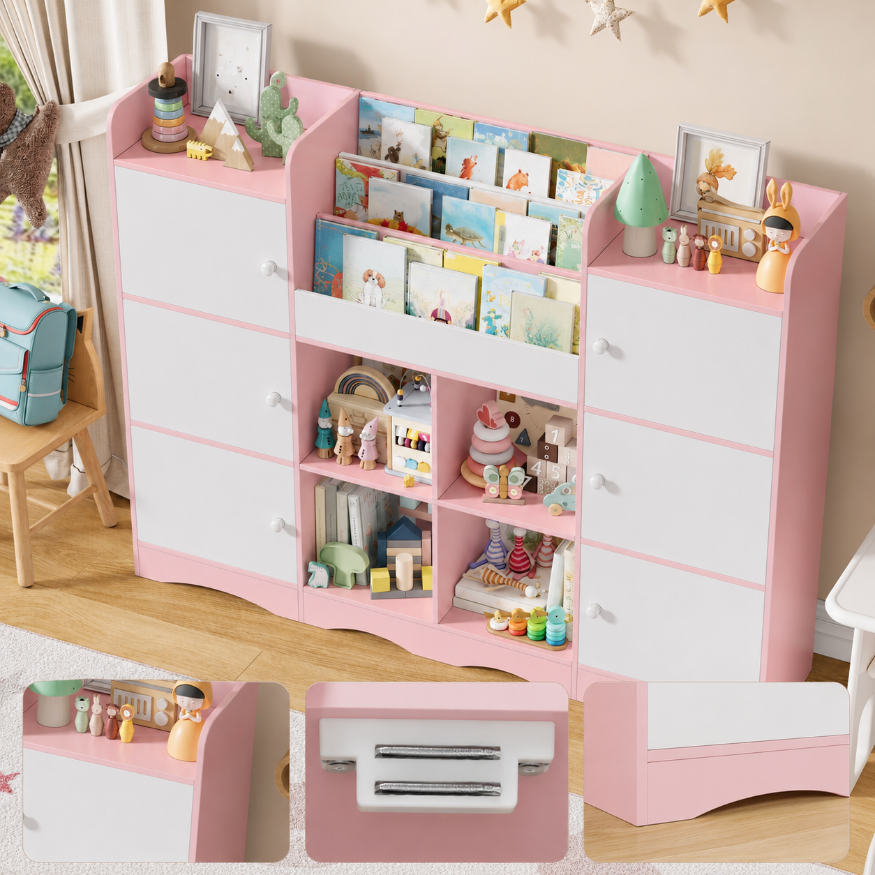 Kids Toy Storage Bookshelf 6 Doors 6 Cubbies Montessori & Toys