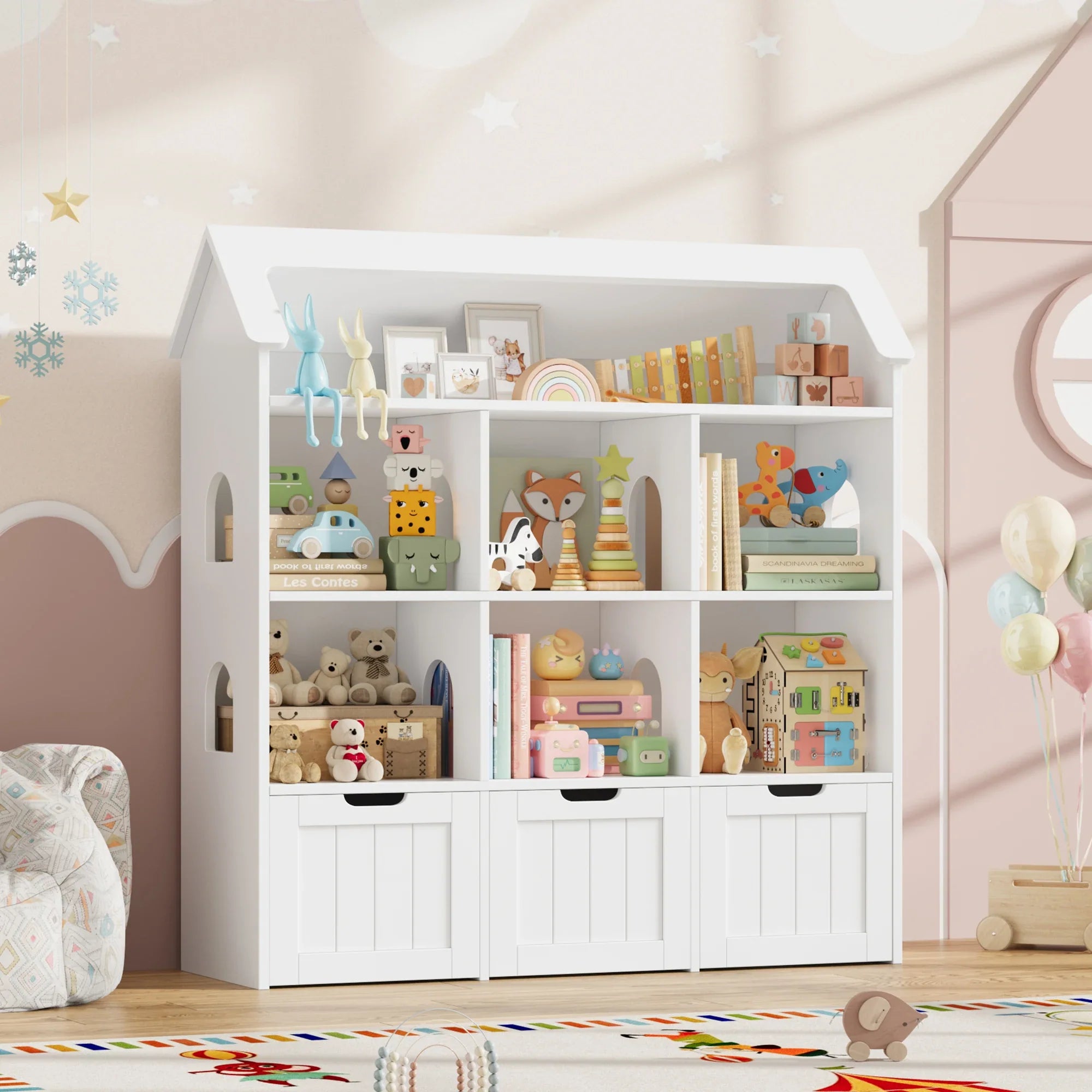 Kids Toy Storage House Shape 7 Cubbies Drawers Montessori & Toys