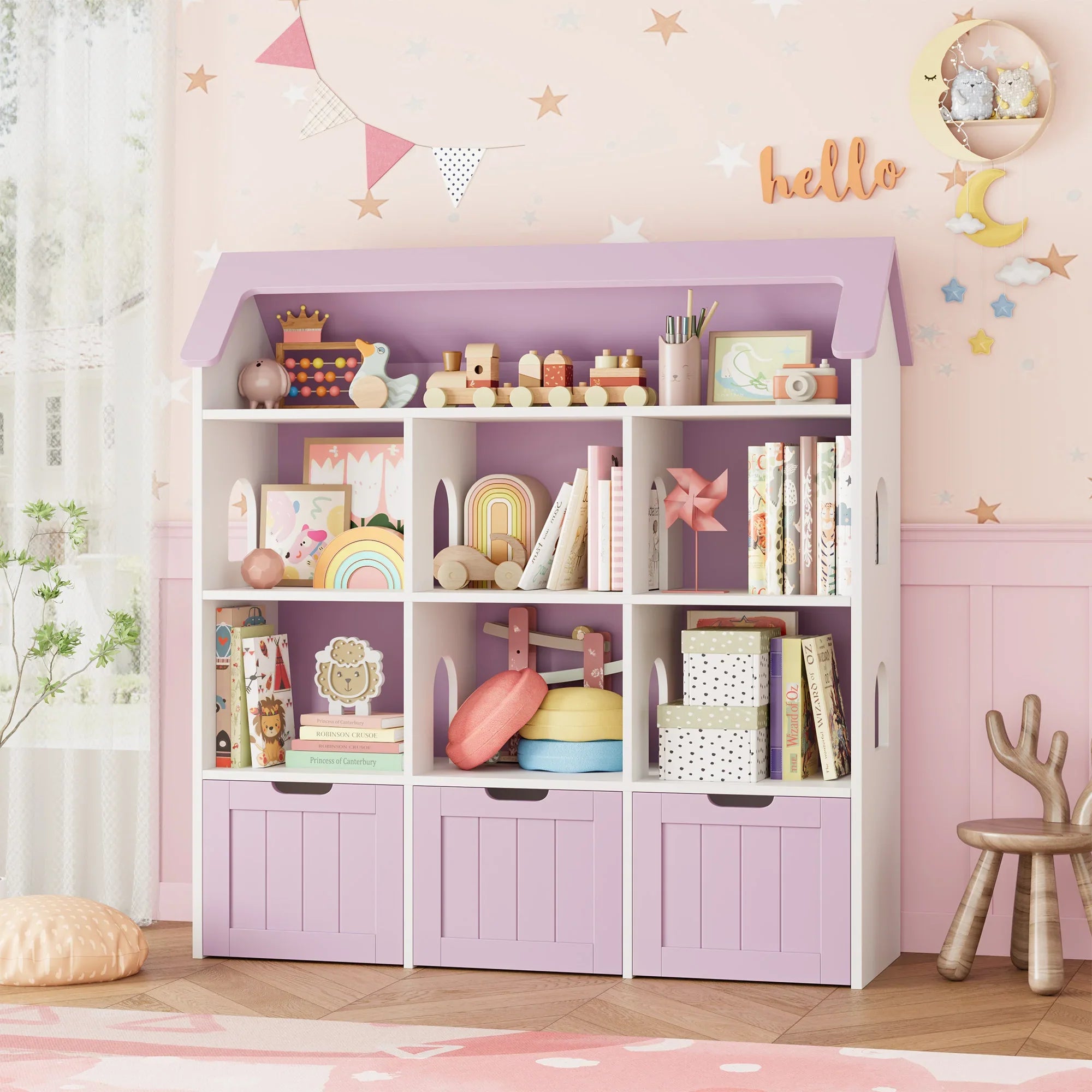 Kids Toy Storage House Shape 7 Cubbies Drawers Montessori & Toys