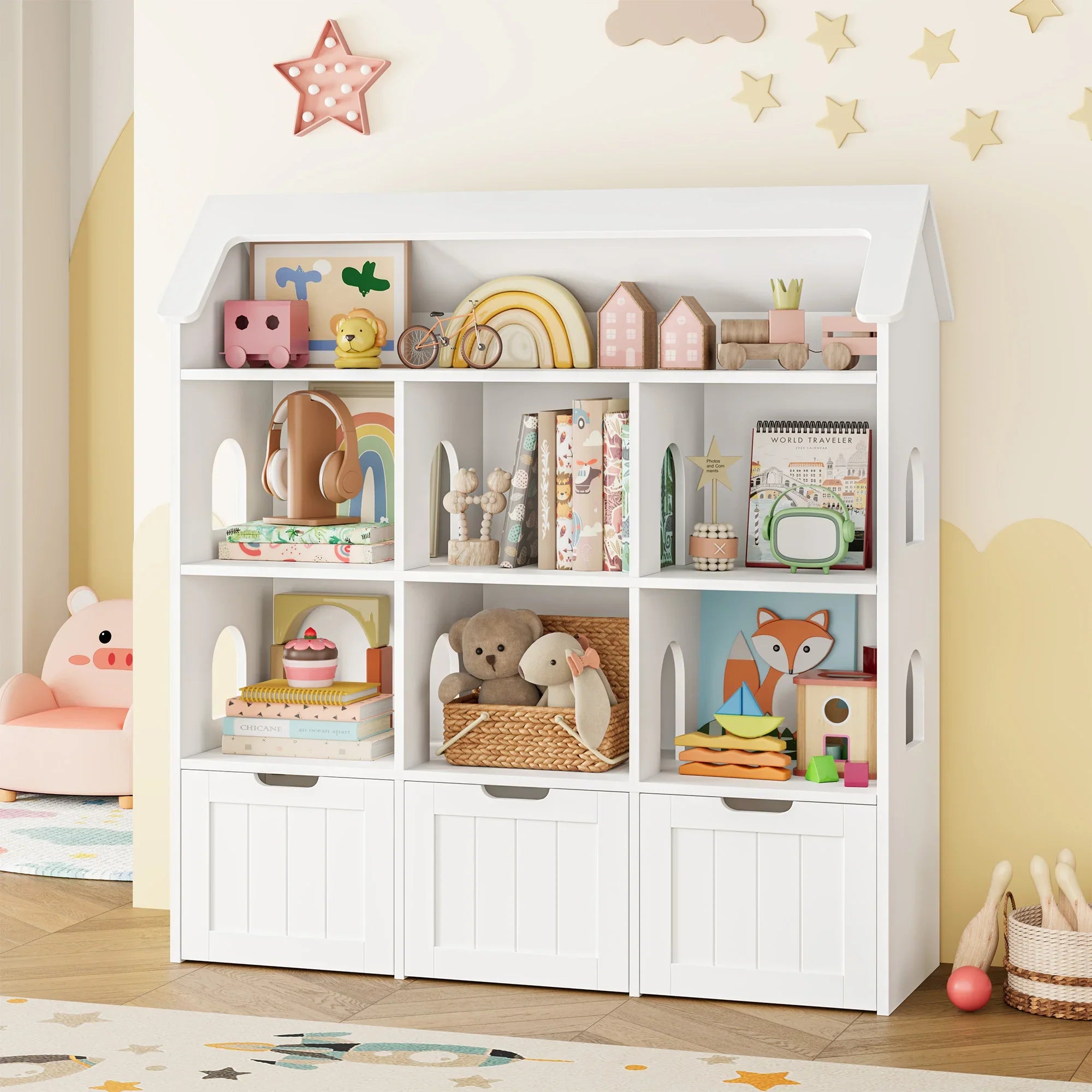 Kids Toy Storage House Shape 7 Cubbies Drawers Montessori & Toys