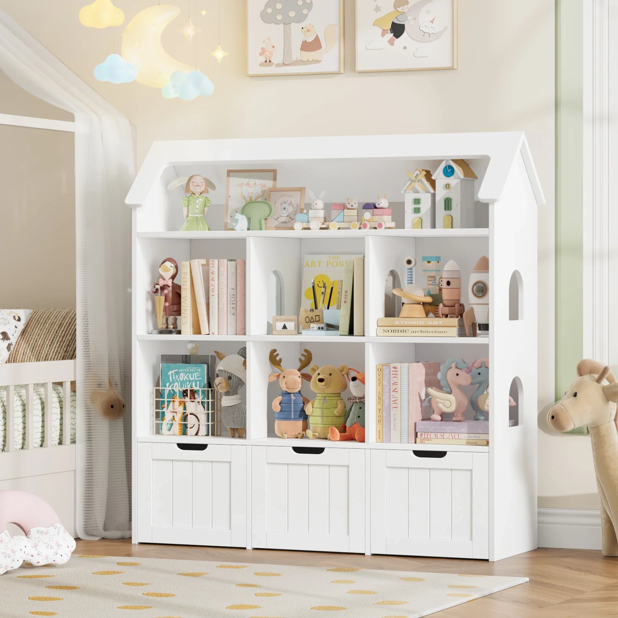 Kids Toy Storage House Shape 7 Cubbies Drawers Montessori & Toys