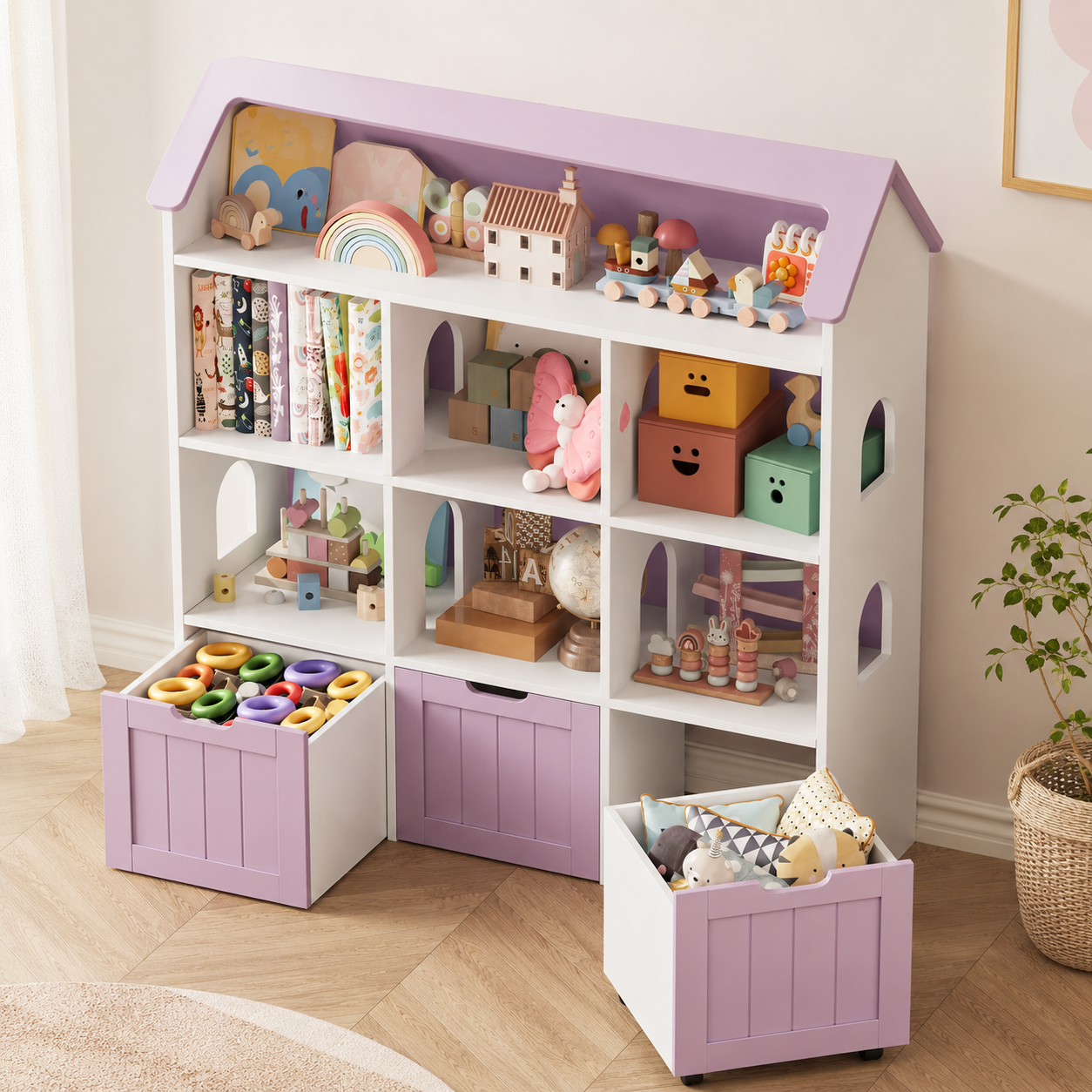 Kids Toy Storage House Shape 7 Cubbies Drawers Montessori & Toys