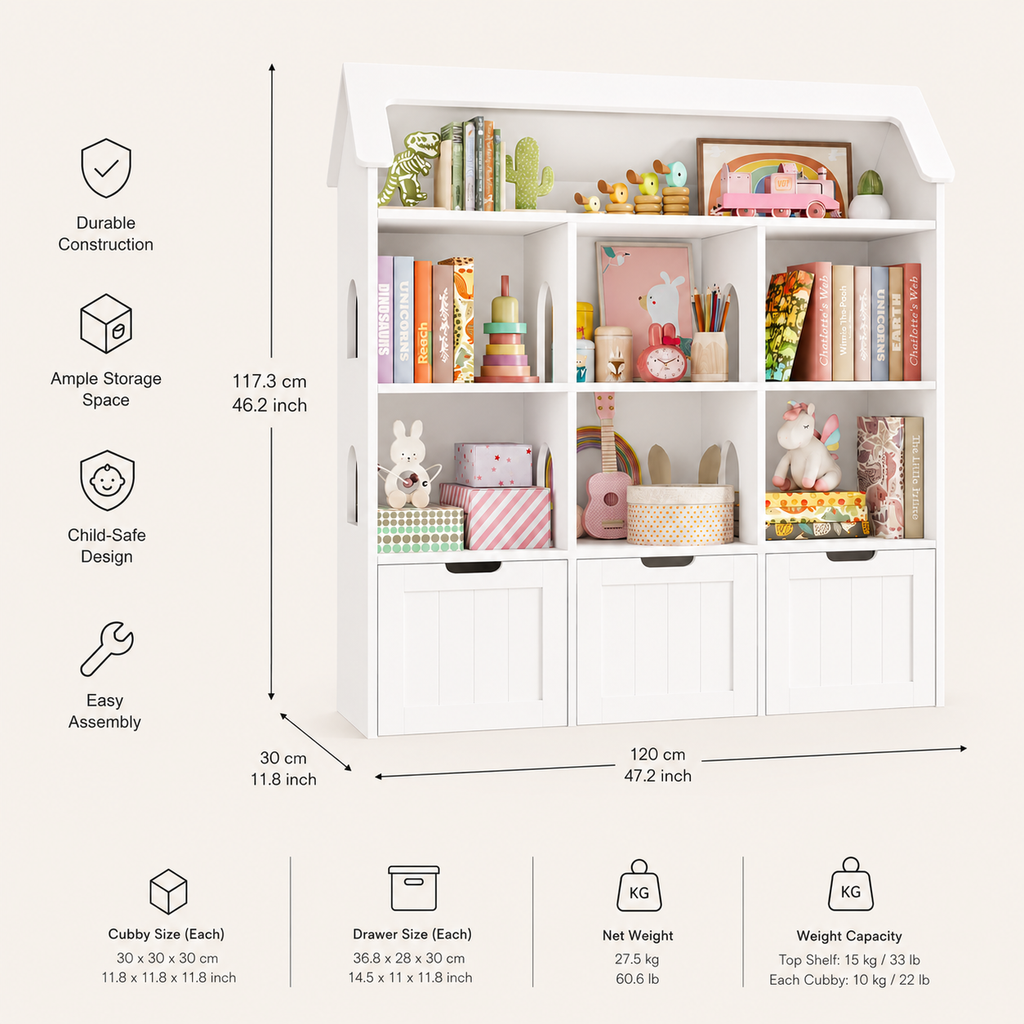 Kids Toy Storage House Shape 7 Cubbies Drawers Montessori & Toys