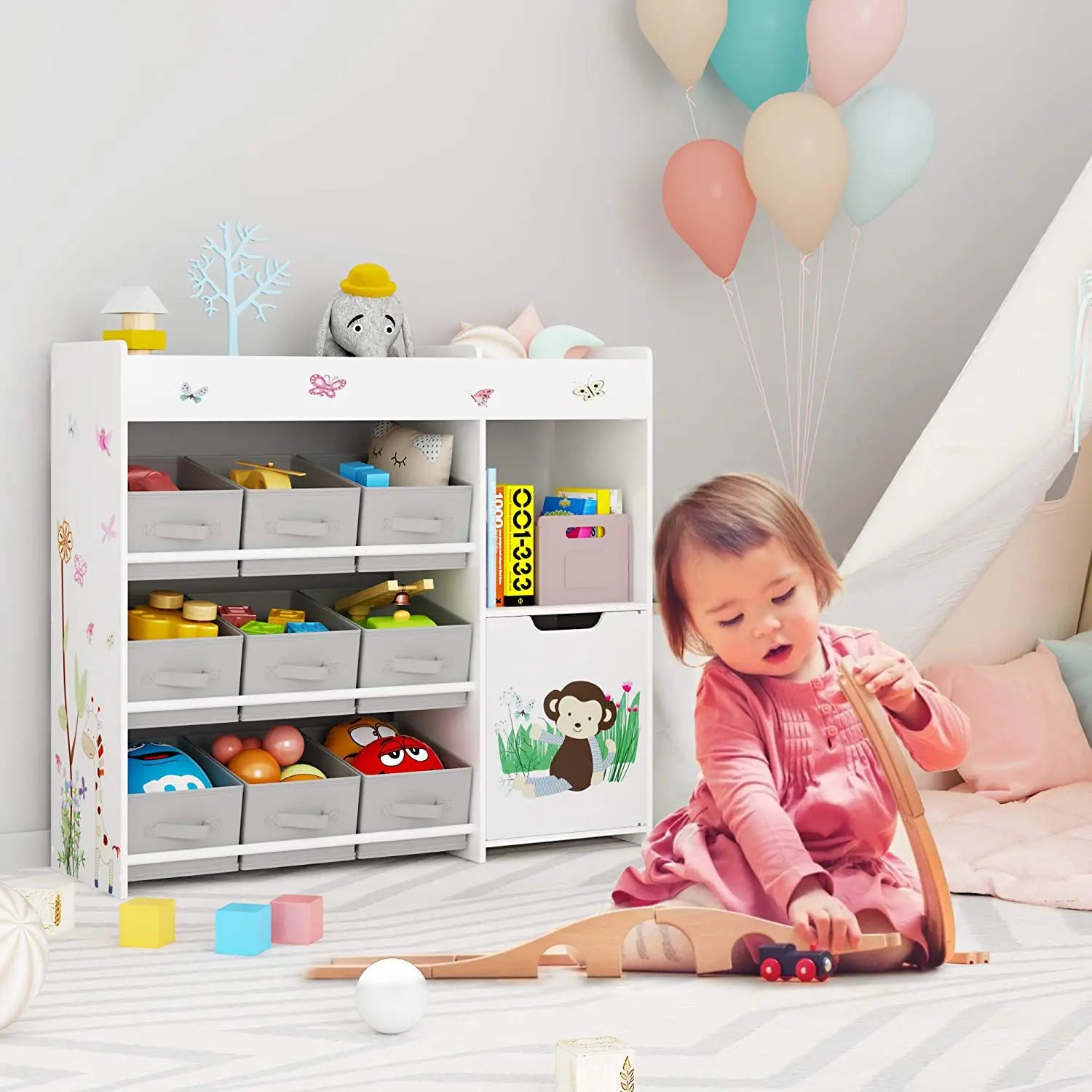 Kids Toy Storage Shelf 9 Boxes White Montessori & Toys