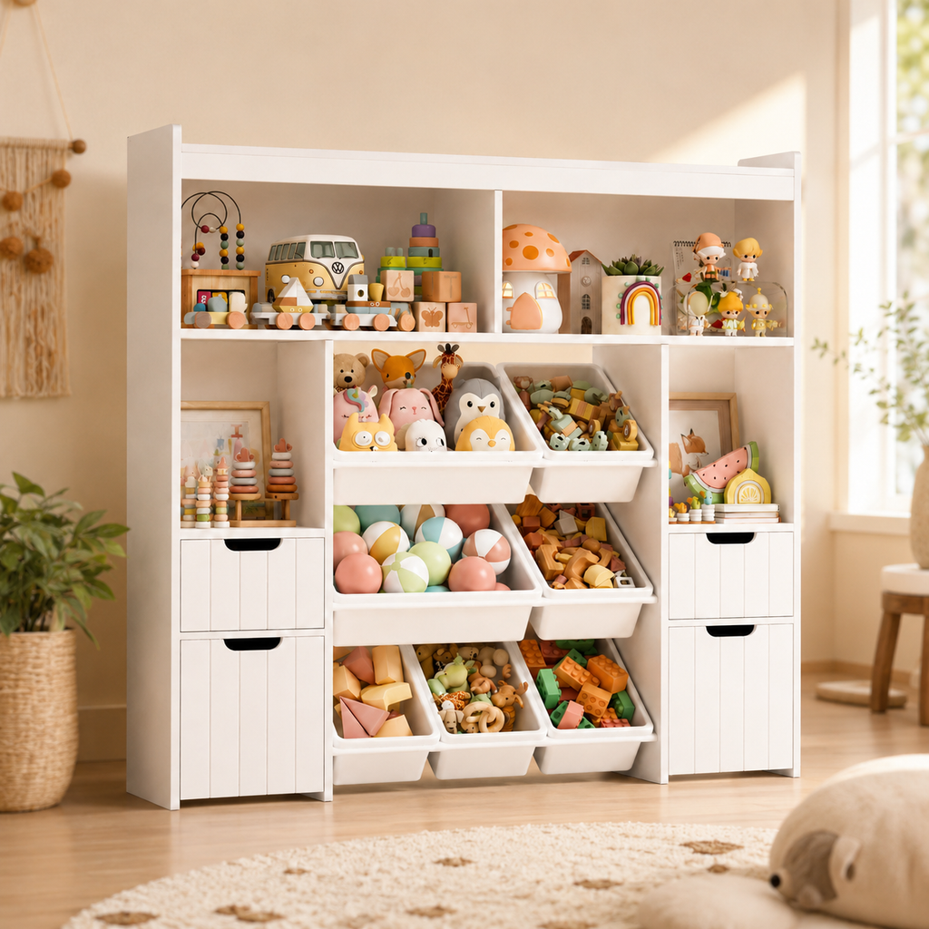 Kids Toy Storage Shelf with Boxes on Wheels Montessori & Toys
