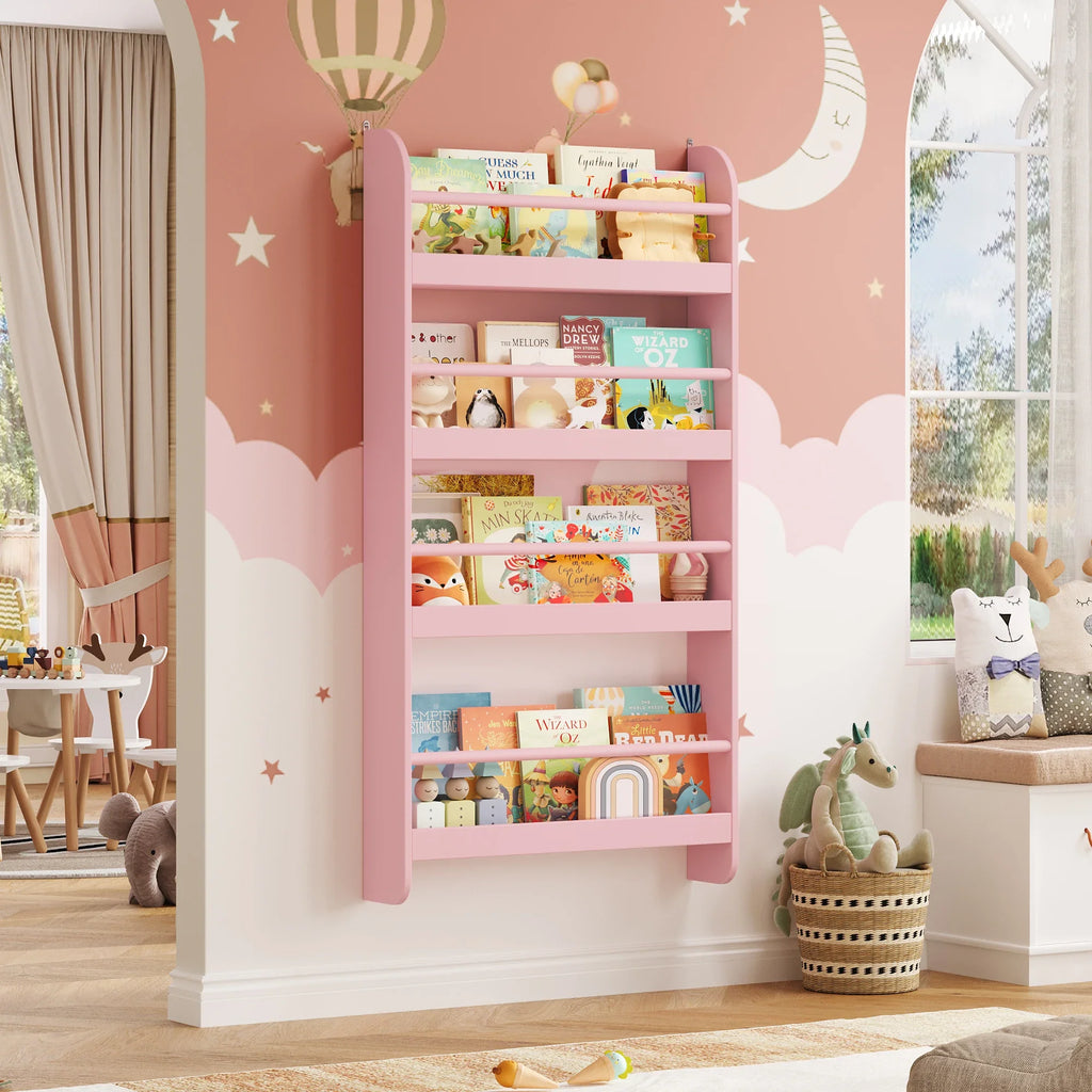 Kids Wall Mounted Bookshelf 4 Tier Montessori & Toys