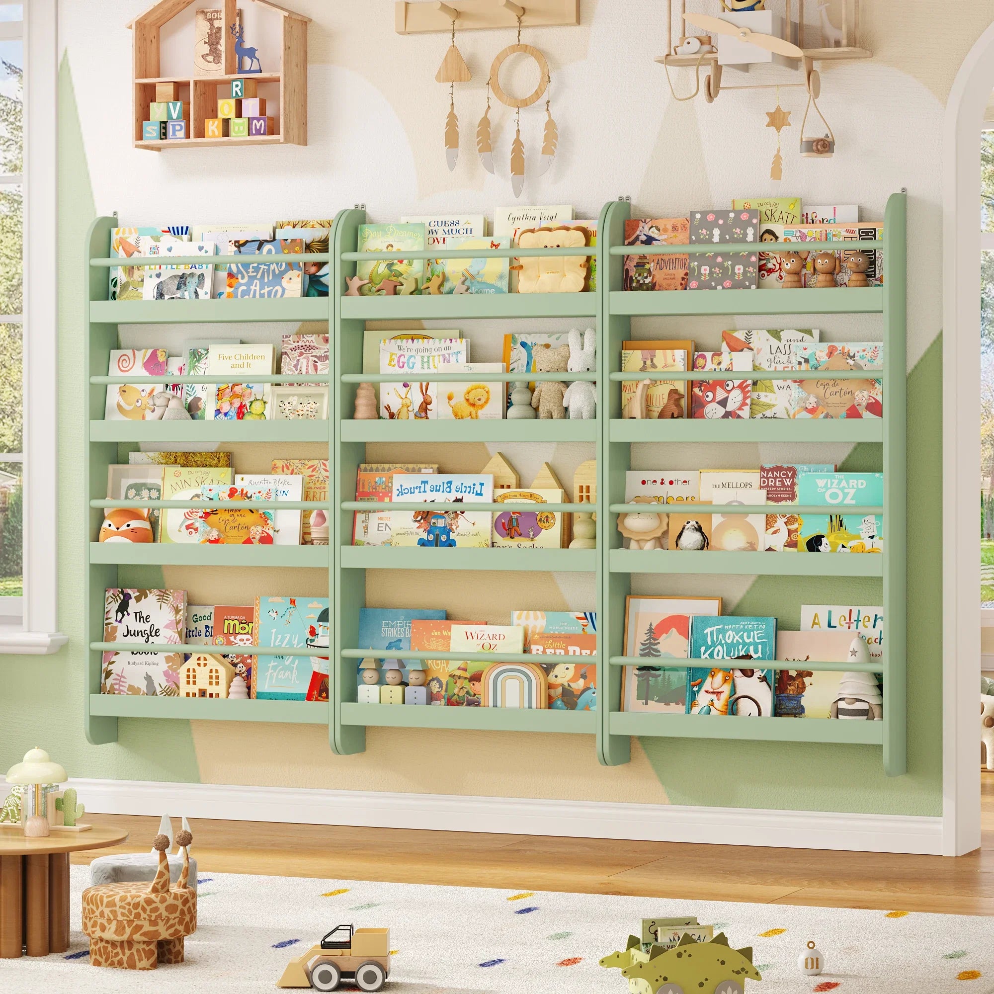 Kids Wall Mounted Bookshelf 4 Tier Montessori & Toys
