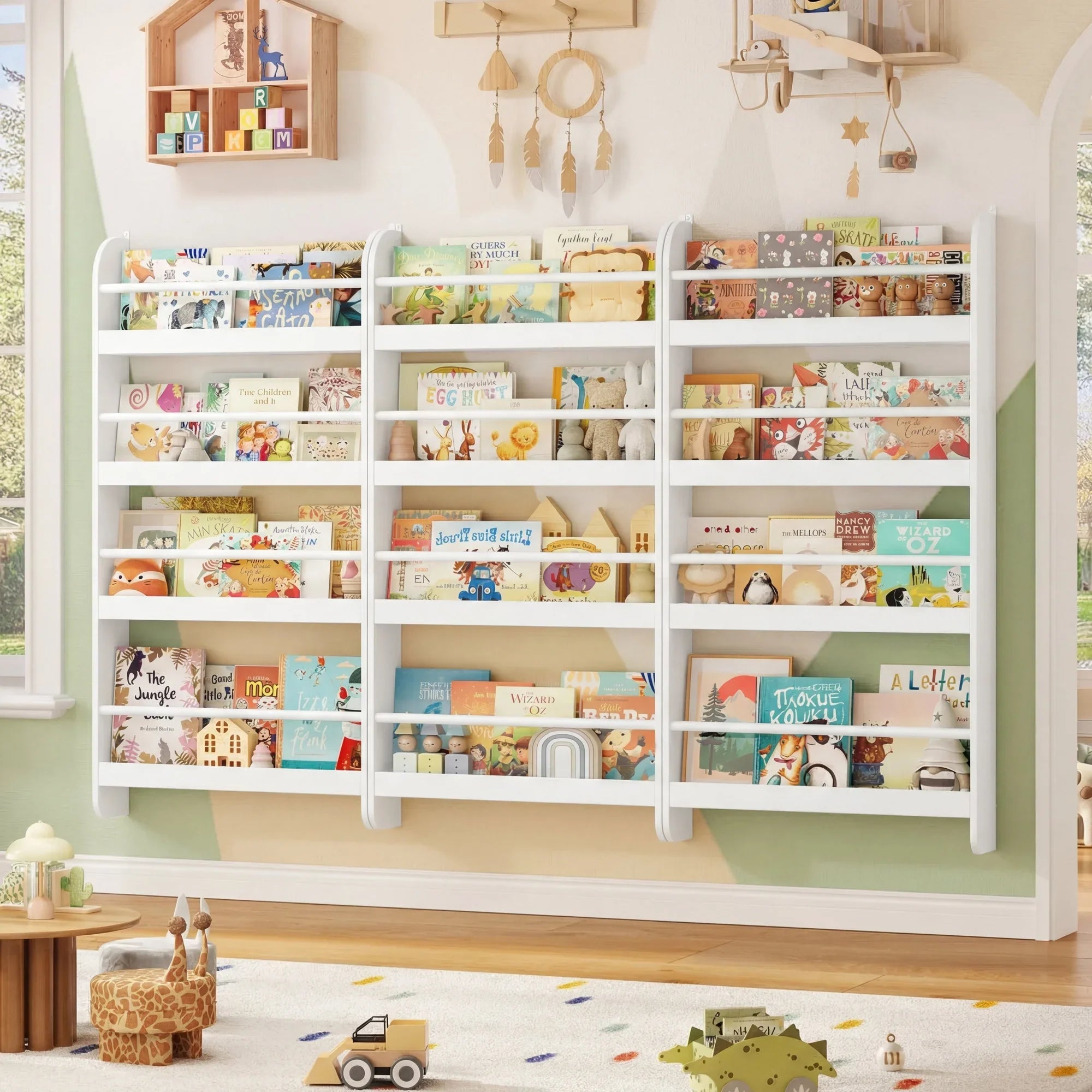 Kids Wall Mounted Bookshelf 4 Tier Montessori & Toys