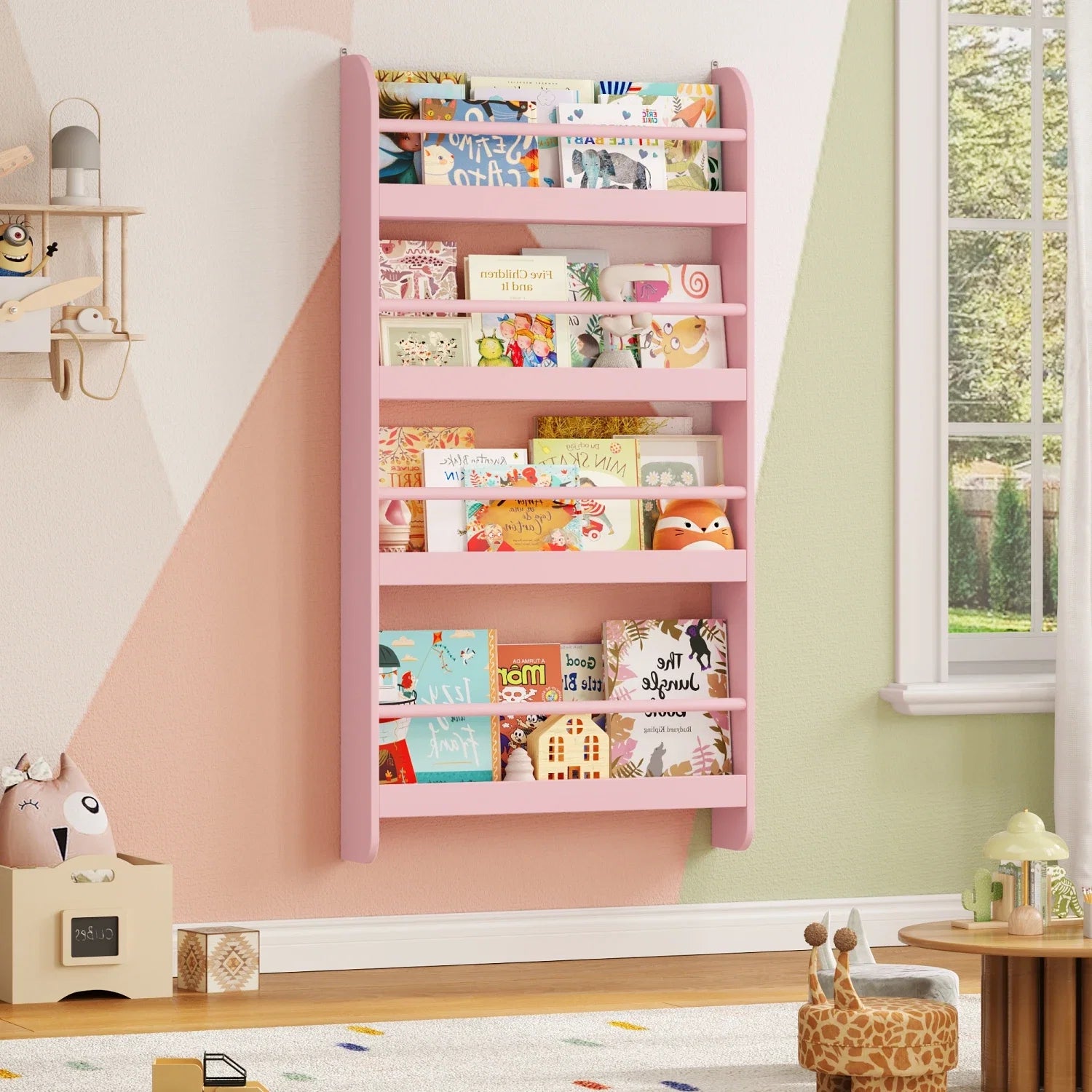 Kids Wall Mounted Bookshelf 4 Tier Montessori & Toys
