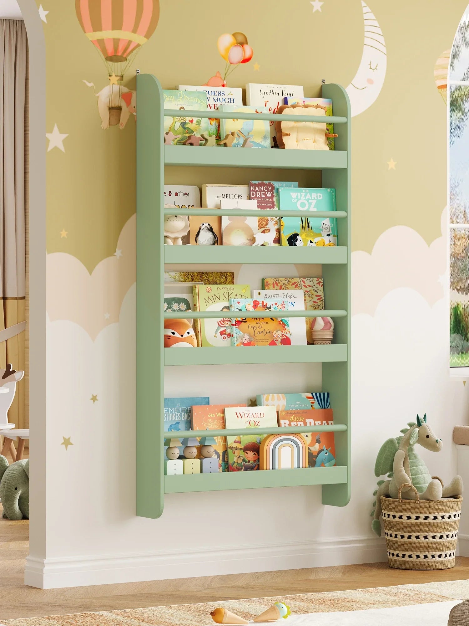Kids Wall Mounted Bookshelf 4 Tier Montessori & Toys