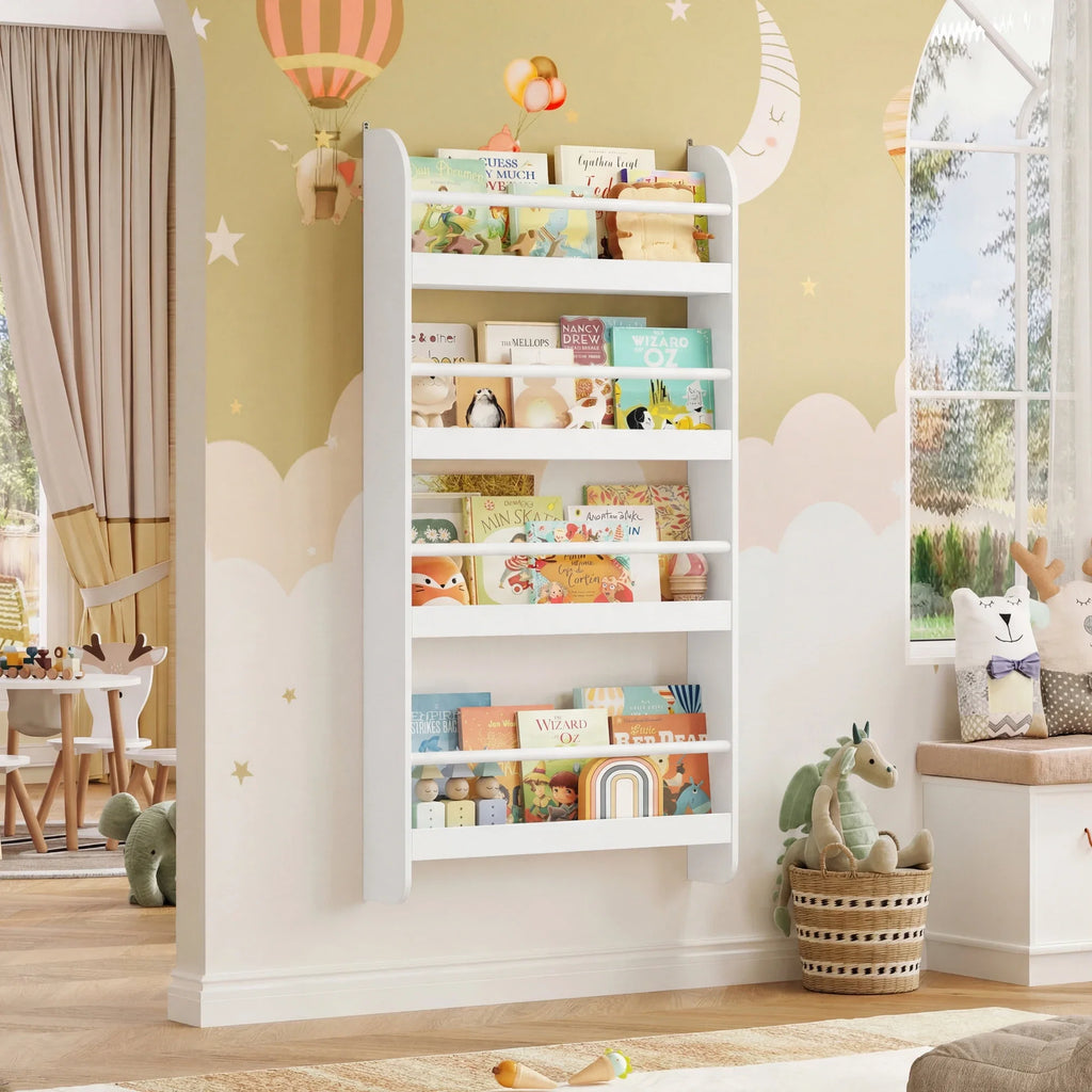 Kids Wall Mounted Bookshelf 4 Tier Montessori & Toys
