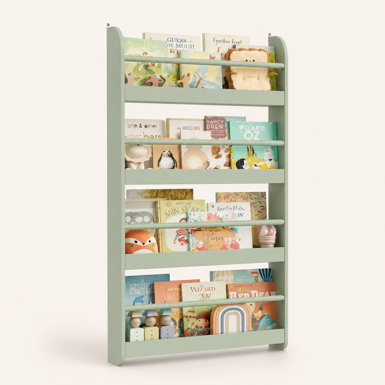 Kids Wall Mounted Bookshelf 4 Tier Montessori & Toys