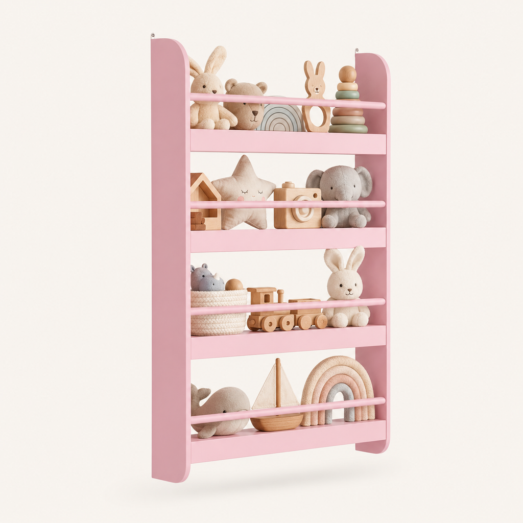 Kids Wall Mounted Bookshelf 4 Tier Montessori & Toys